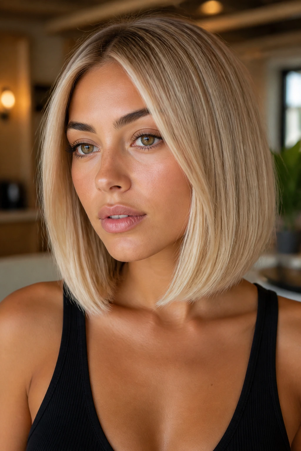 Olive-skinned woman with vanilla blonde lob, smooth gradient