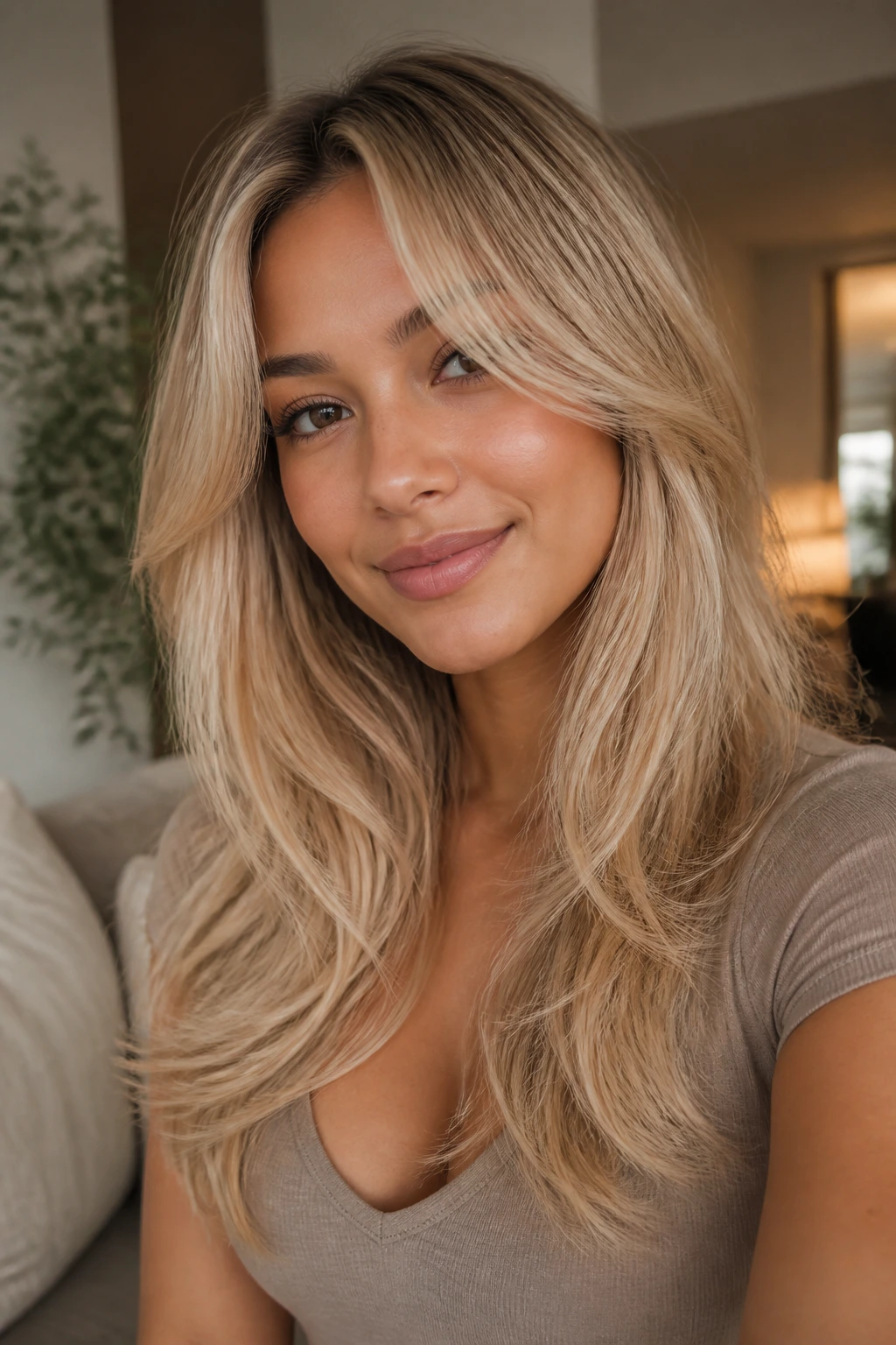 Close-up portrait of a real person with vanilla blonde long layers.