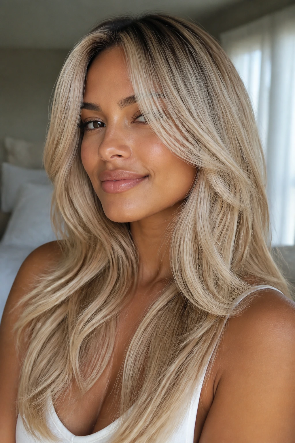 Close-up portrait of a woman with rooted vanilla blonde long layers and curtain bangs.