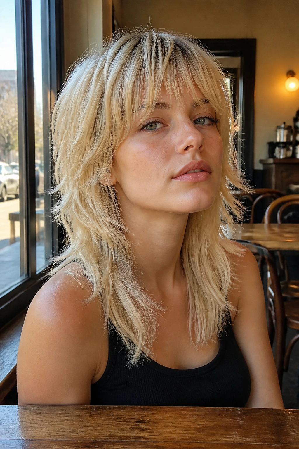 Real woman with vanilla blonde layered mullet, oval face, warm cafe light