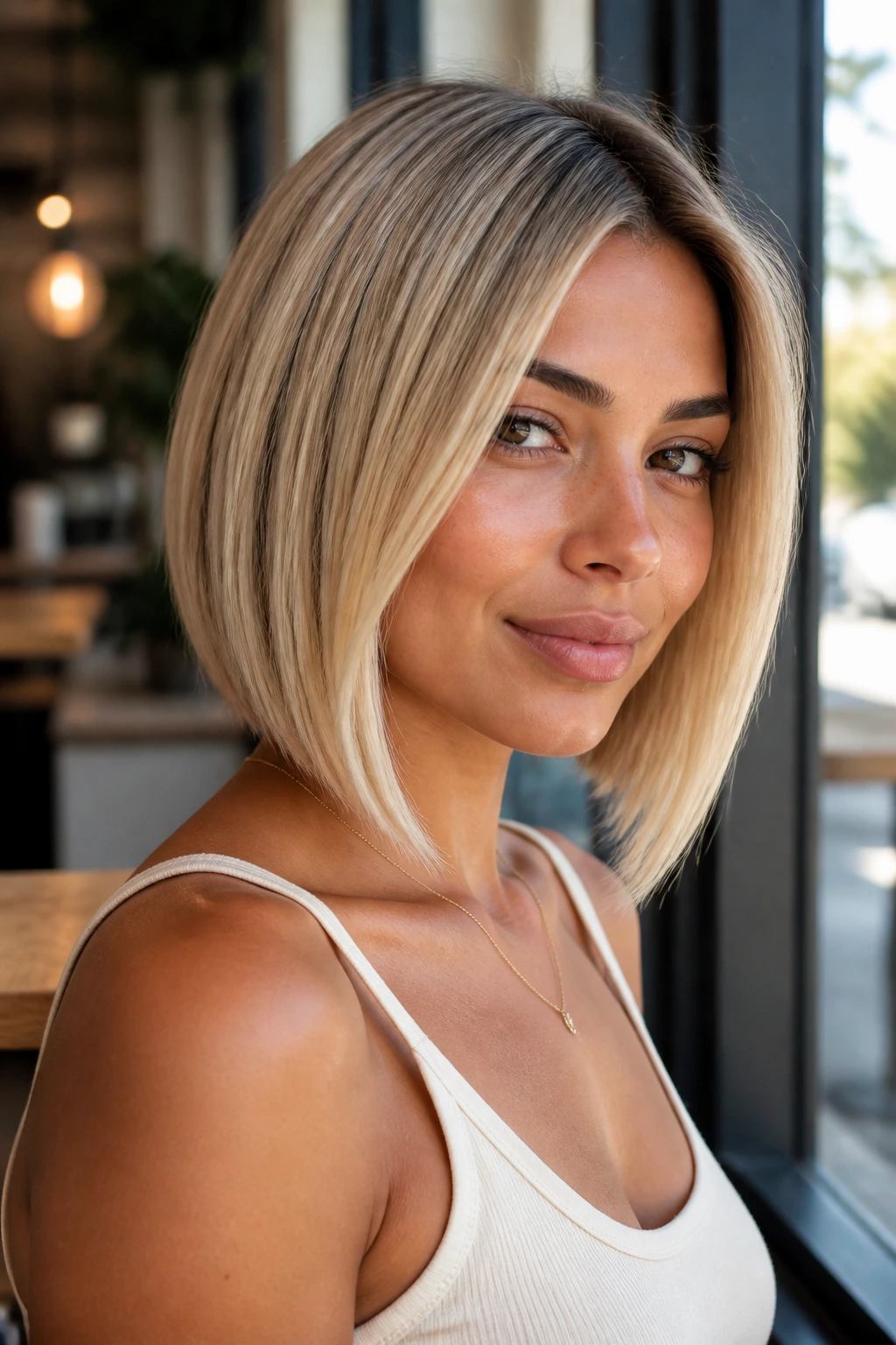 Portrait of a real woman with olive skin showing an A-line bob in soft vanilla blonde tones