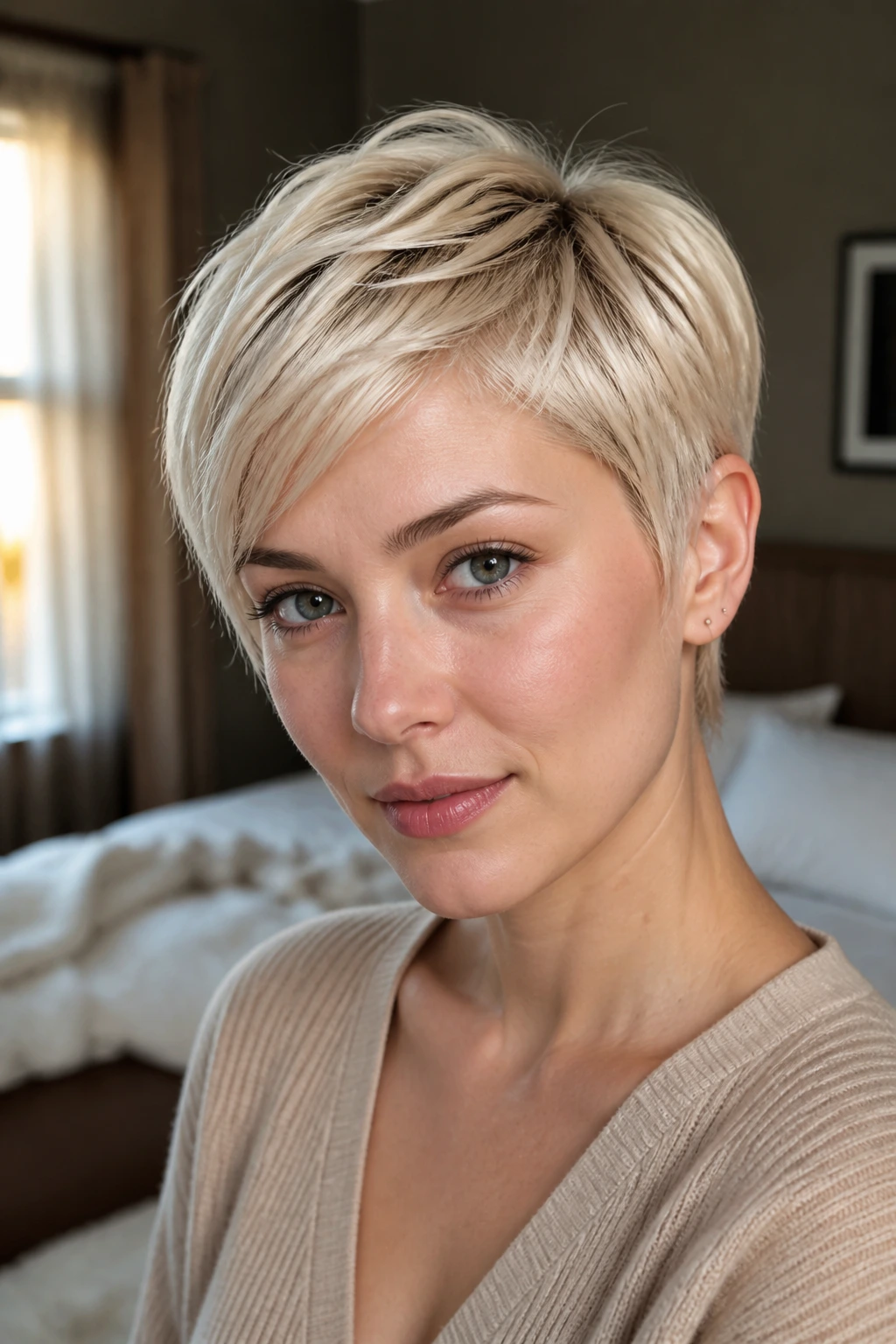 Close-up of a real woman with a vanilla blonde pixie haircut in warm window light