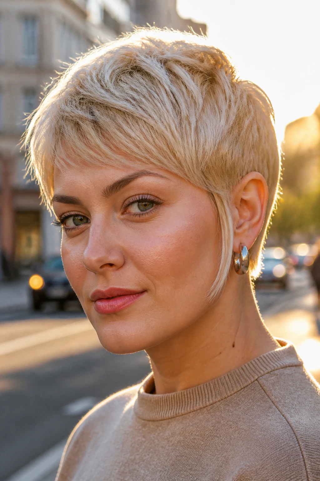 Portrait of a woman with vanilla blonde textured pixie and long sideburn.