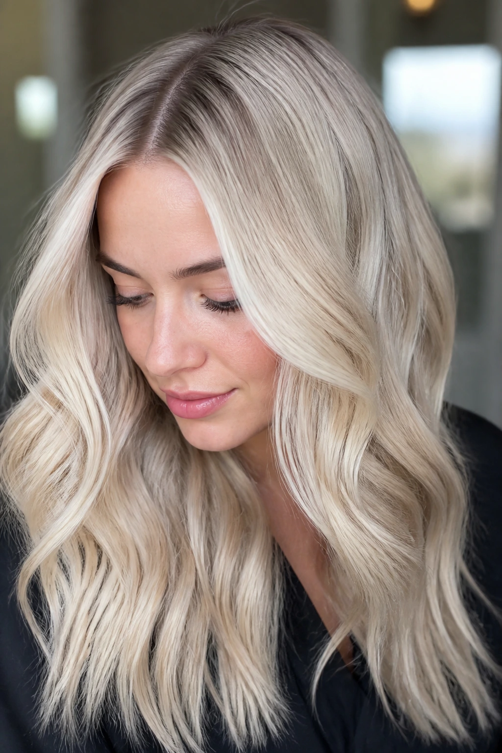 Portrait of a woman with vanilla blonde and root shadow