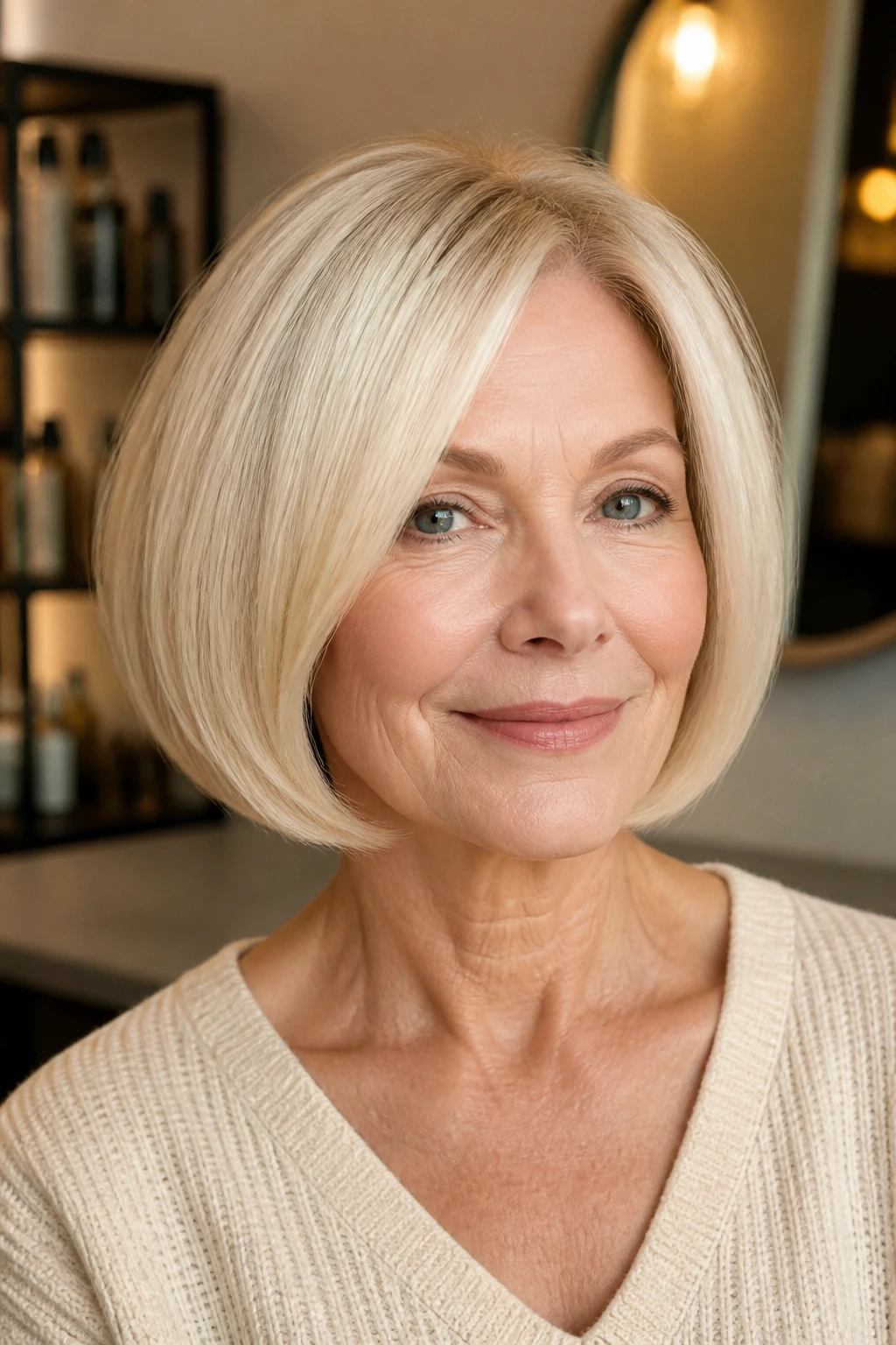 Real woman with vanilla blonde rounded bob in a tidy salon setting.