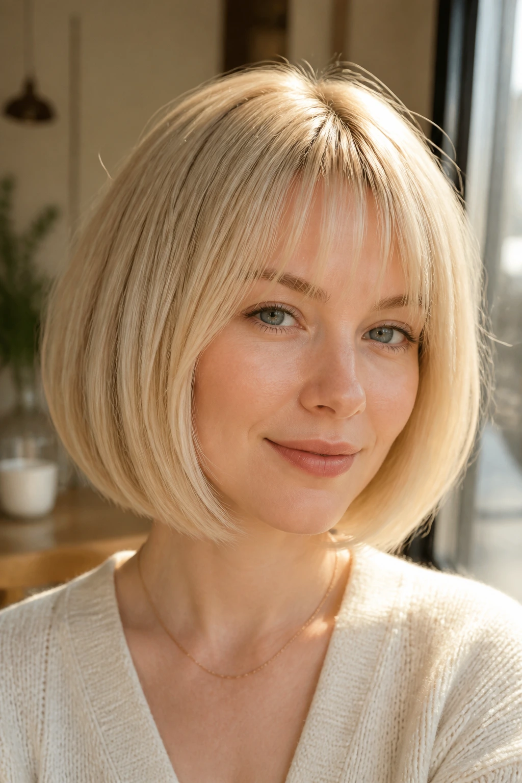 Real woman with vanilla blonde rounded bob and airy bangs in natural light