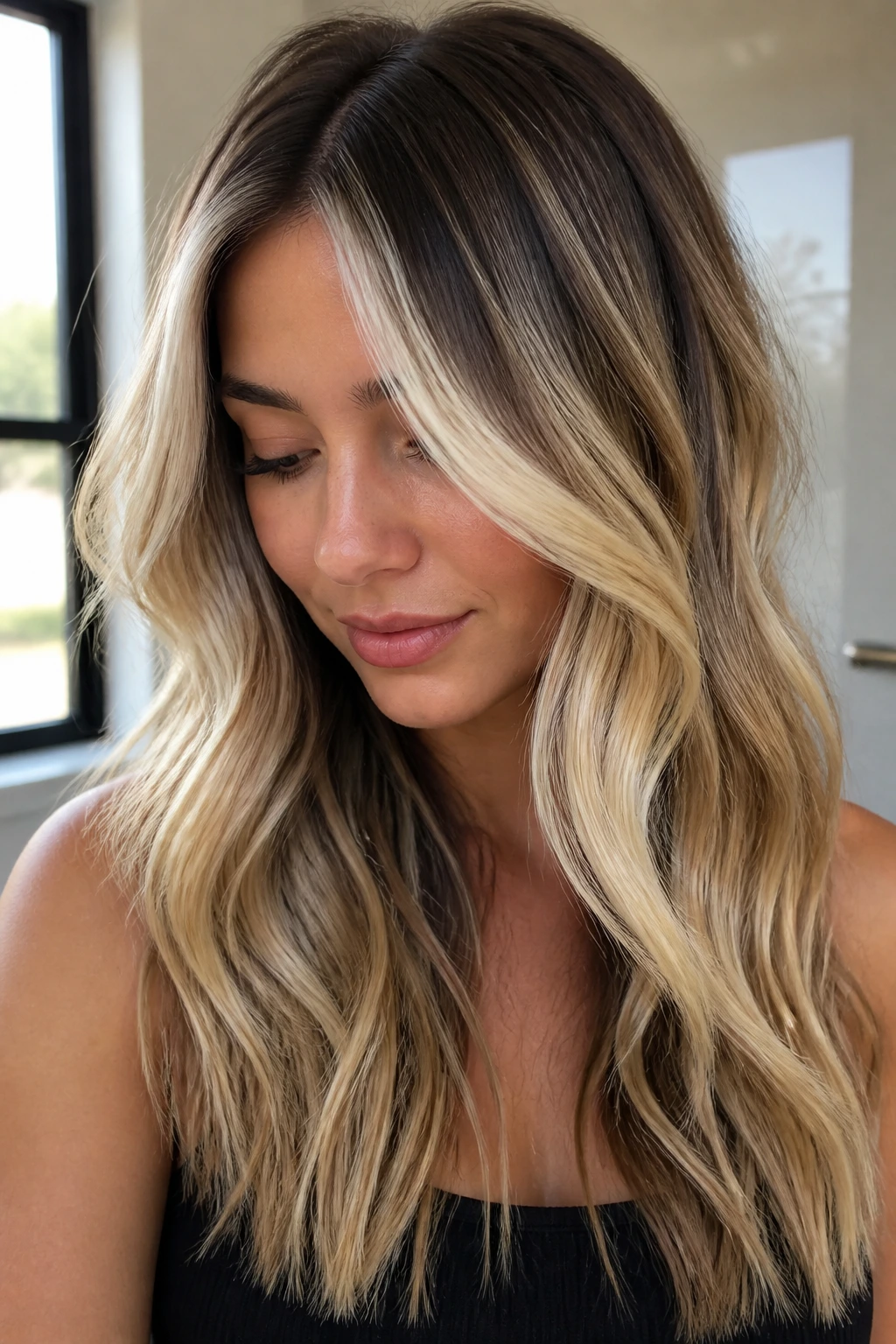 Close-up of thick dark hair with vanilla blonde panels and shadow roots