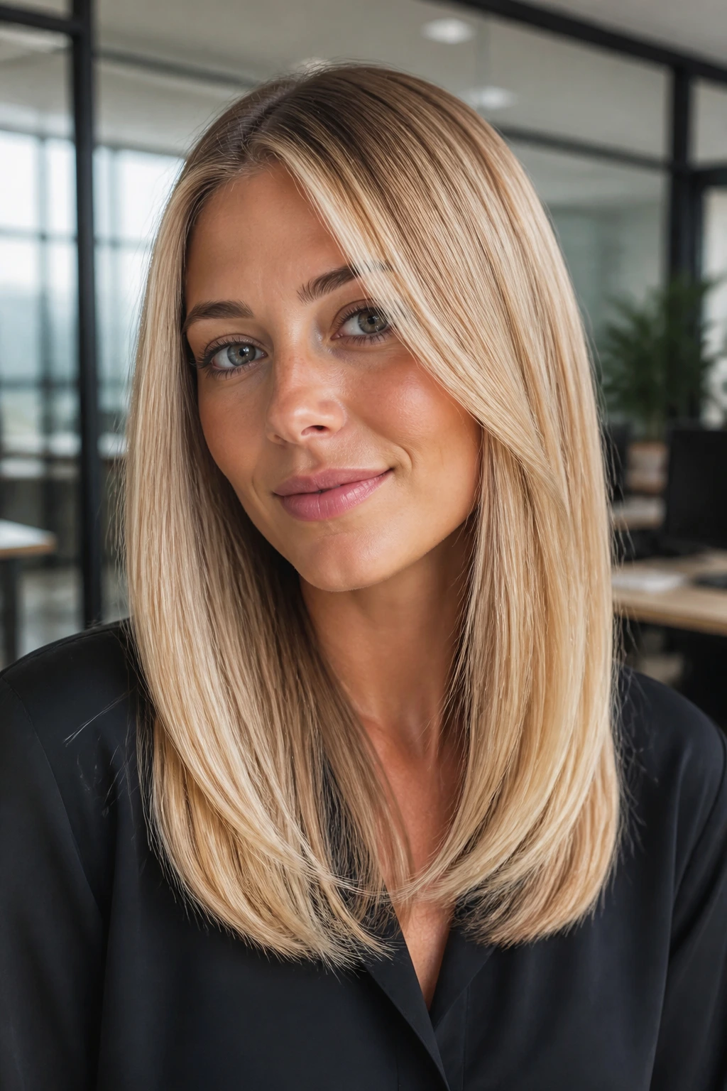 Portrait of a real woman with vanilla blonde sleek layers and warm undertones.