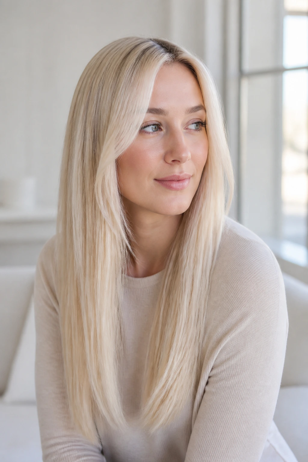 Portrait of vanilla blonde straight lengths with slight bend by the face