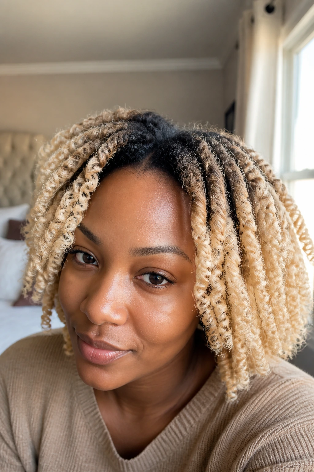 Close-up of a real woman with a rooted vanilla twist-out hairstyle.