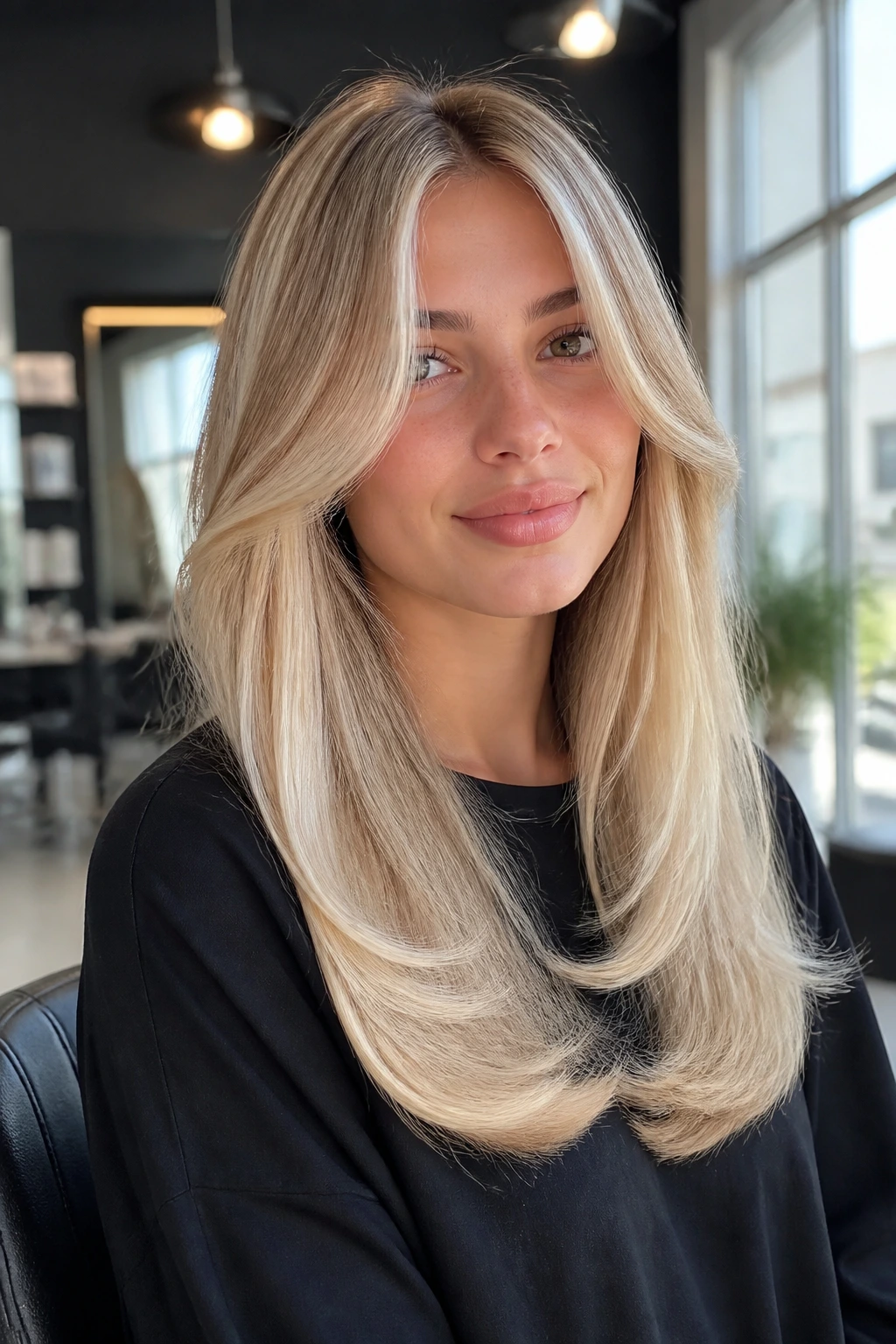 Real woman with vanilla blonde U-cut and curtain bangs in warm salon light