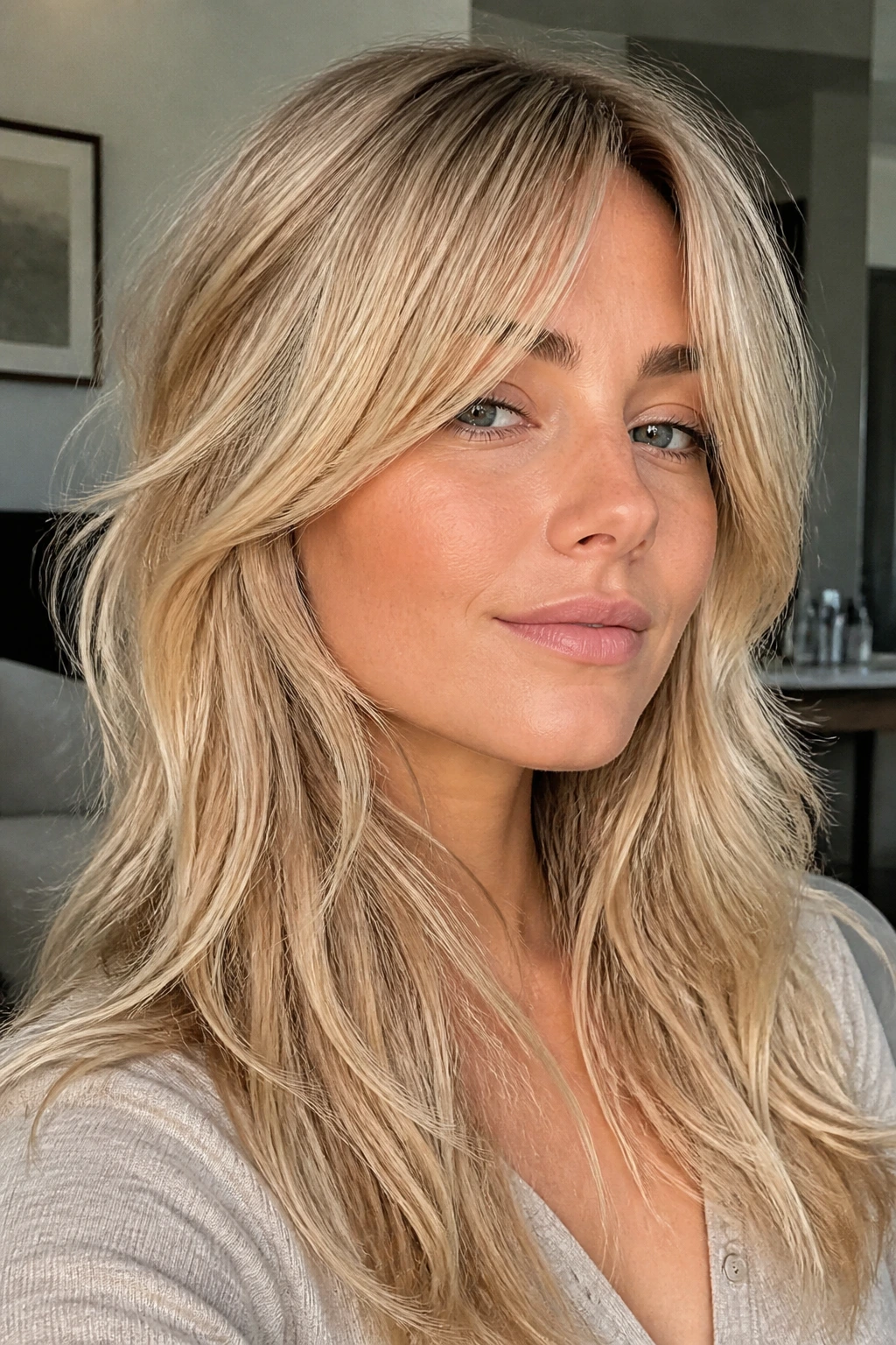 Close-up of vanilla blonde hair with soft wolf layers