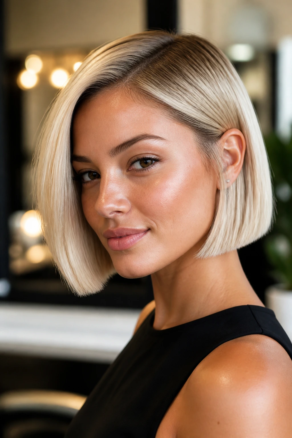 Close-up of a real woman with a vanilla blonde blunt bob and soft root shadow.