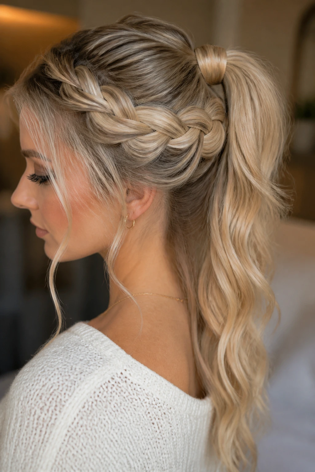 Close-up of a real person with a warm vanilla braided ponytail