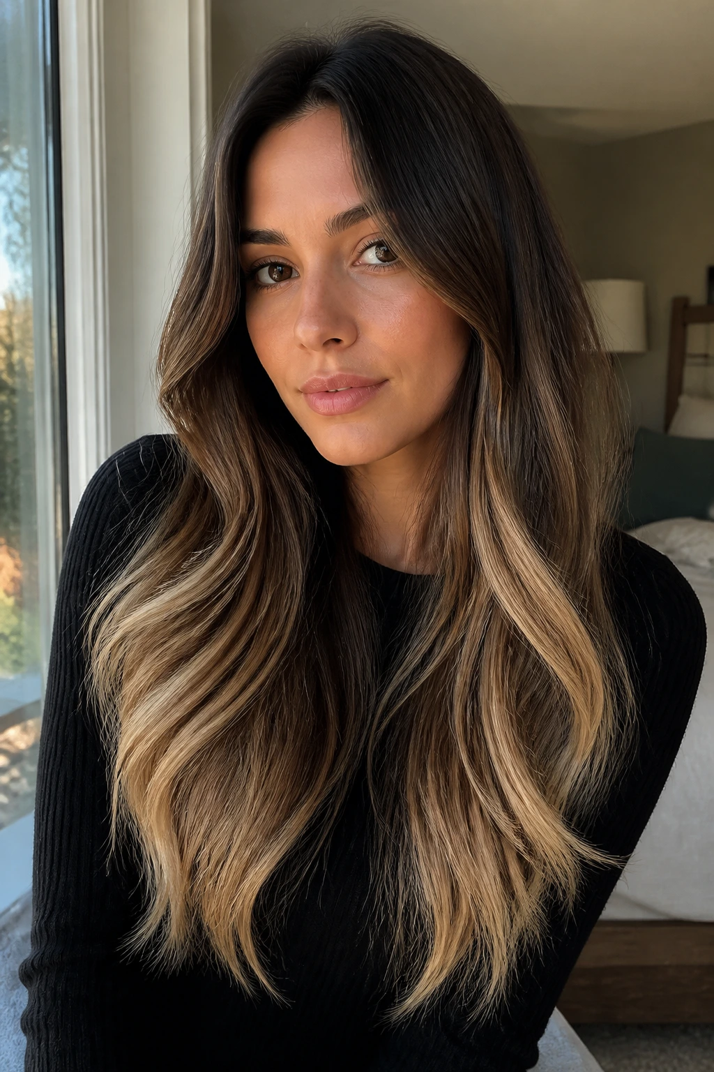 Close-up of long brunette hair with vanilla caramel ends