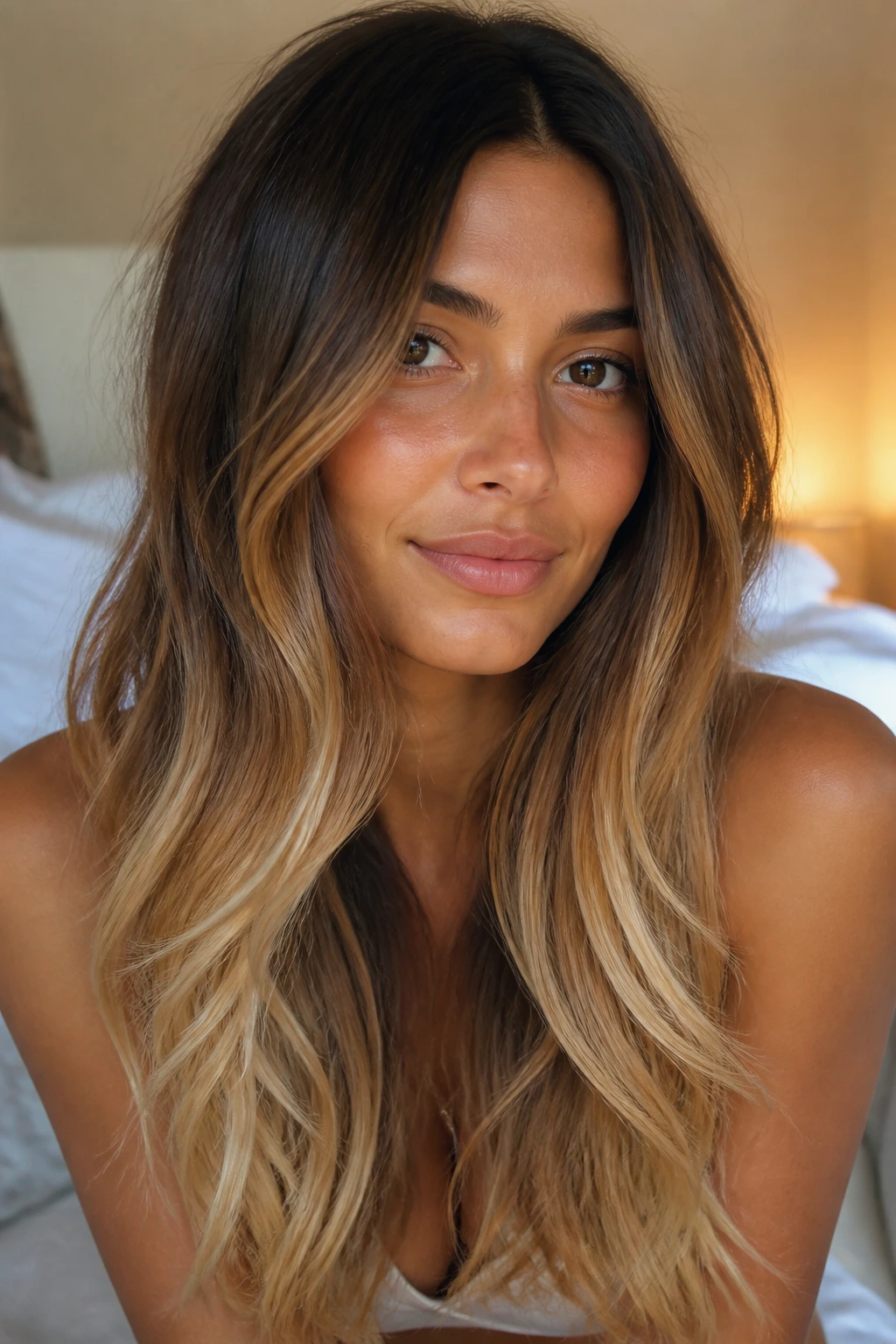 Close-up portrait of a real person with vanilla caramel ends and dark roots