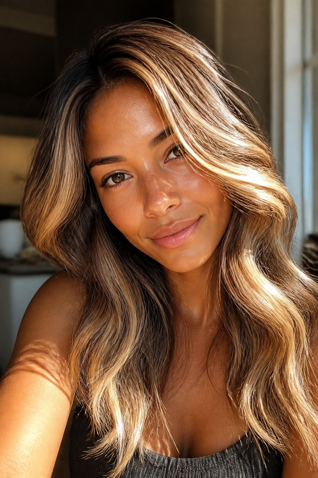 Close-up portrait of a real woman with sunlit vanilla caramel highlights by window