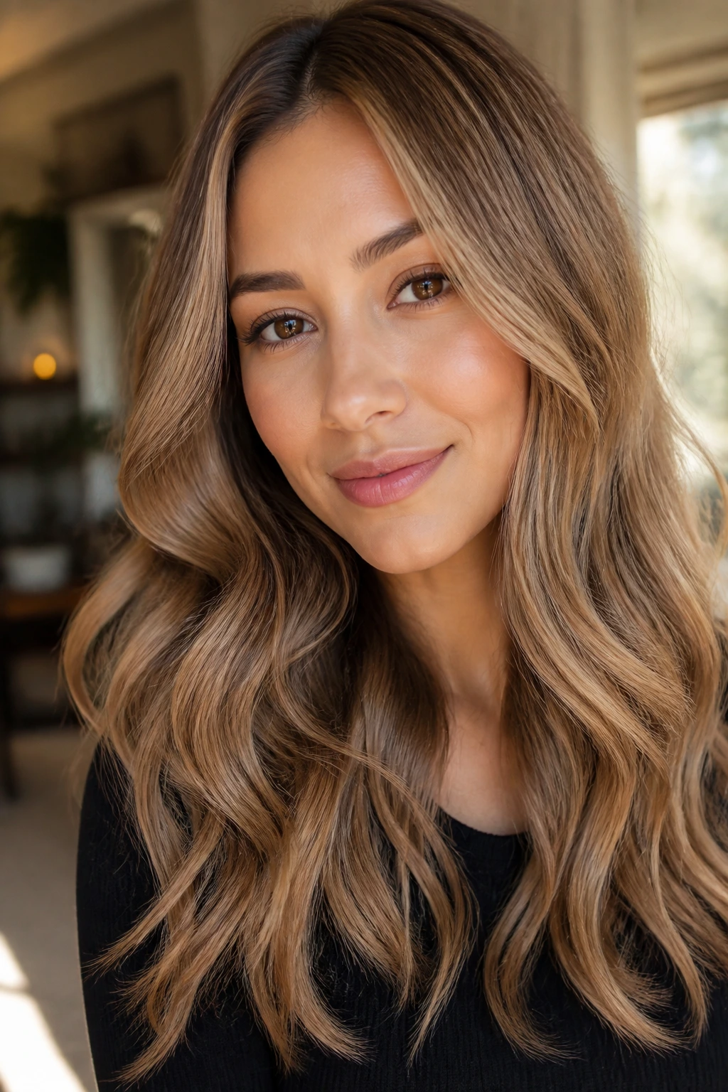 Close-up of brunette with Vanilla Chai Blend hair color in warm beige-gold tones