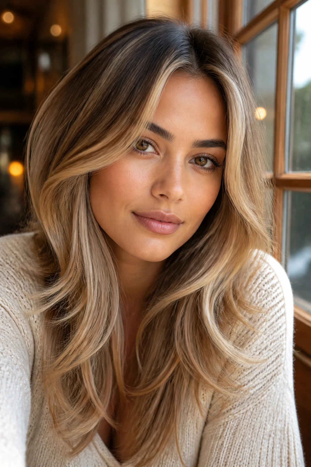 Close-up of a real woman with vanilla chai face-framing layers and warm tones.