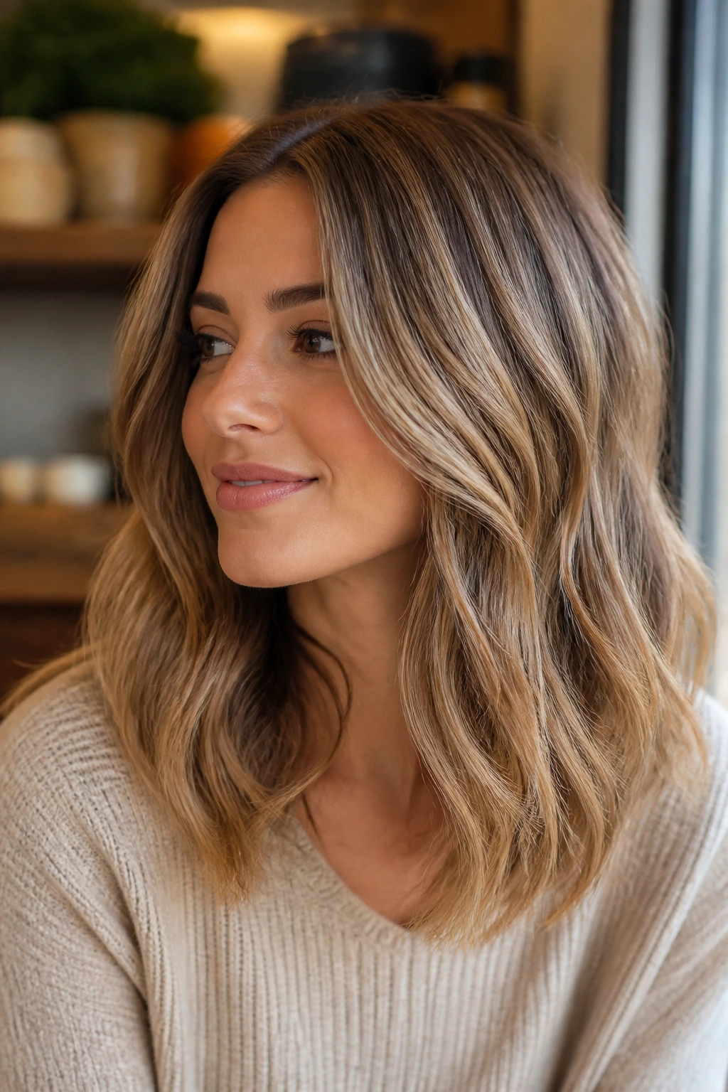 Portrait of brunette with vanilla chai lowlights and warm blonde balance