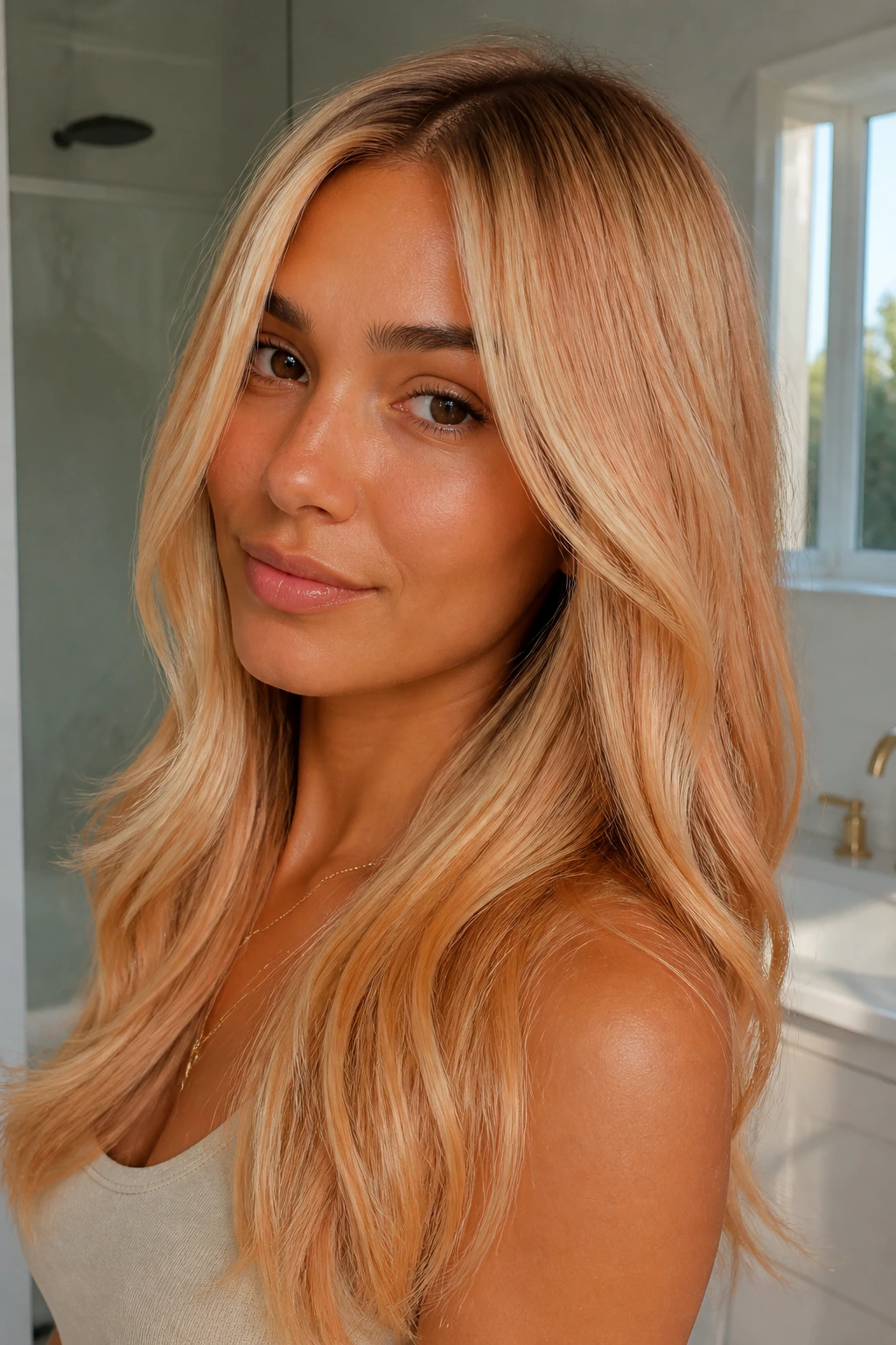 Close-up of a real woman with vanilla copper gloss hair
