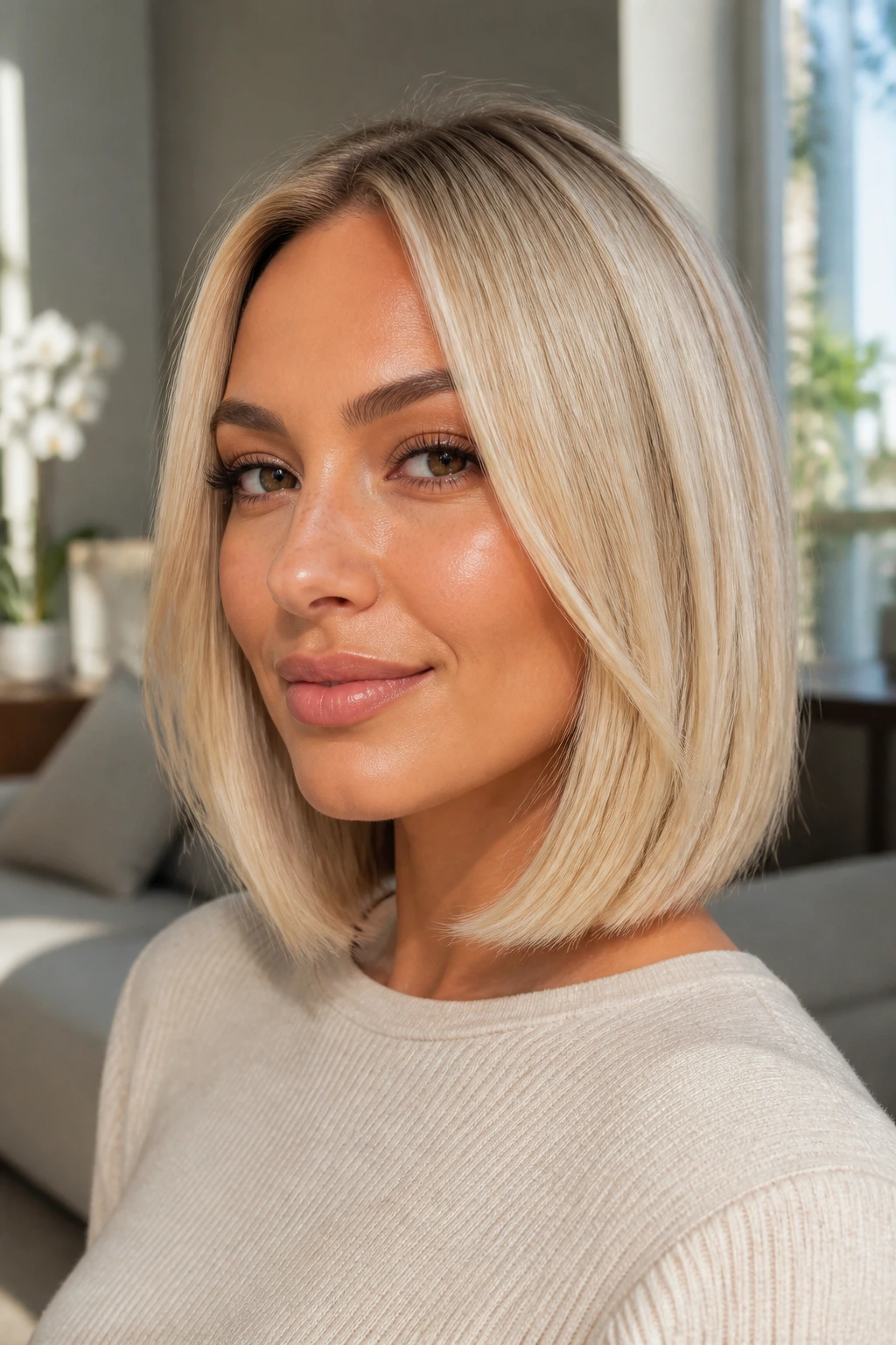 Close-up of a real woman with a vanilla cream blonde sleek lob under warm window light