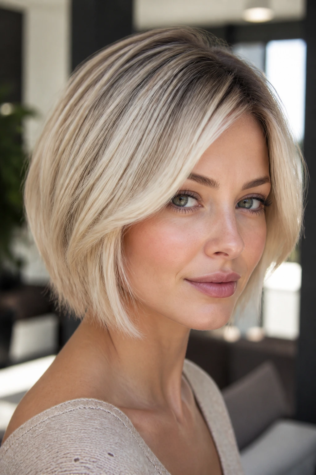 Close-up of a real woman's vanilla cream bob with micro-lowlights.