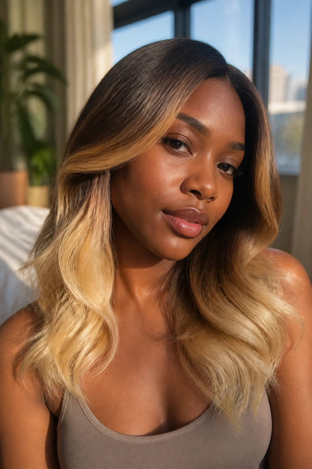 Portrait of a woman with vanilla cream ends blending into deeper root on deep skin.