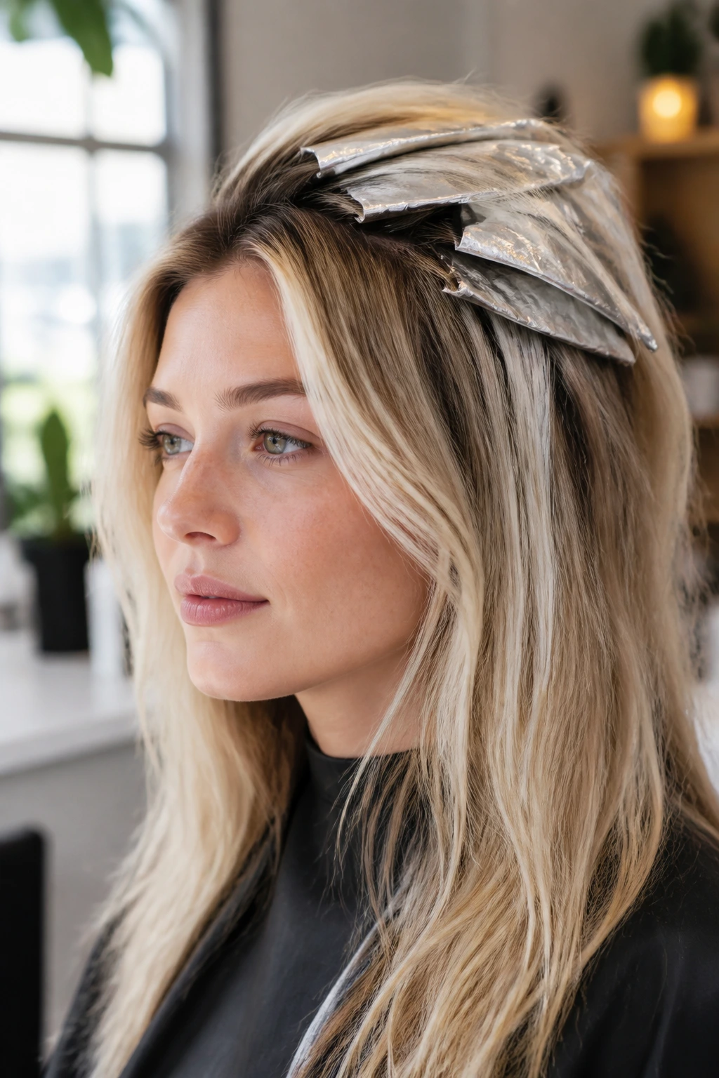Close-up portrait of a real woman with vanilla cream foils around the face