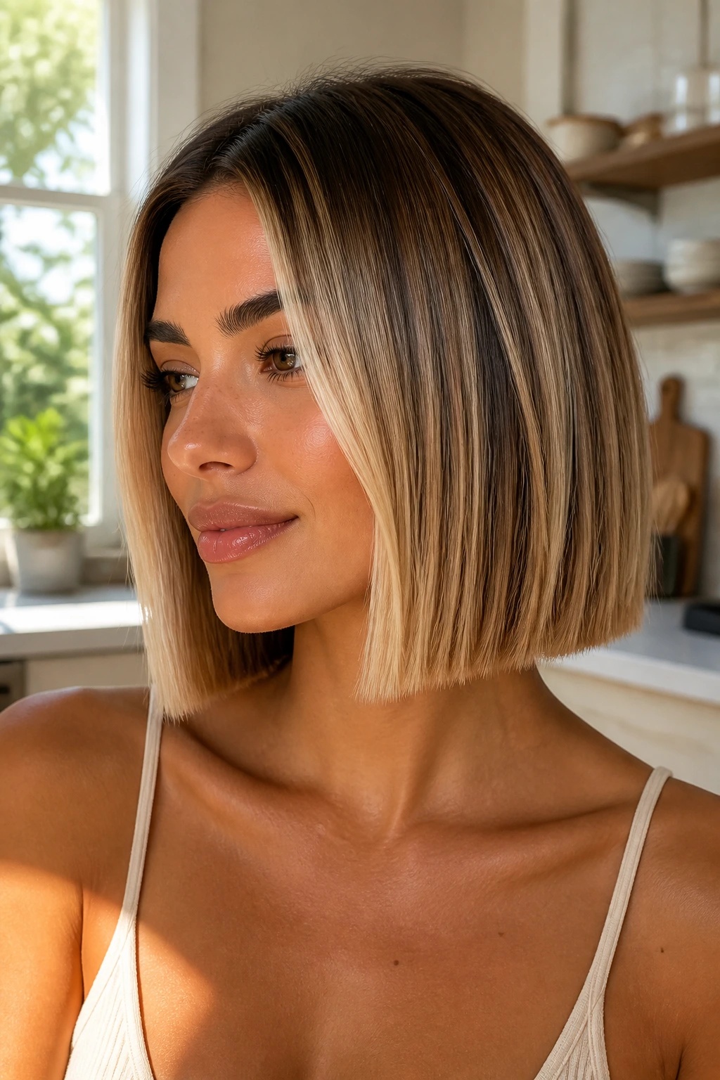 Close-up of a real woman with blunt bob and vanilla cream highlights in a sunlit kitchen.