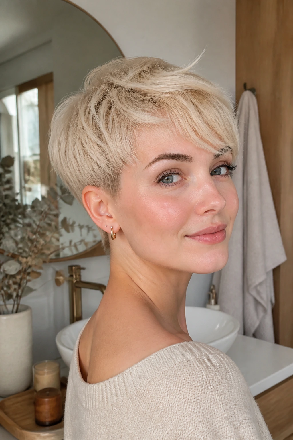 Real woman with vanilla cream pixie and tapered nape close-up