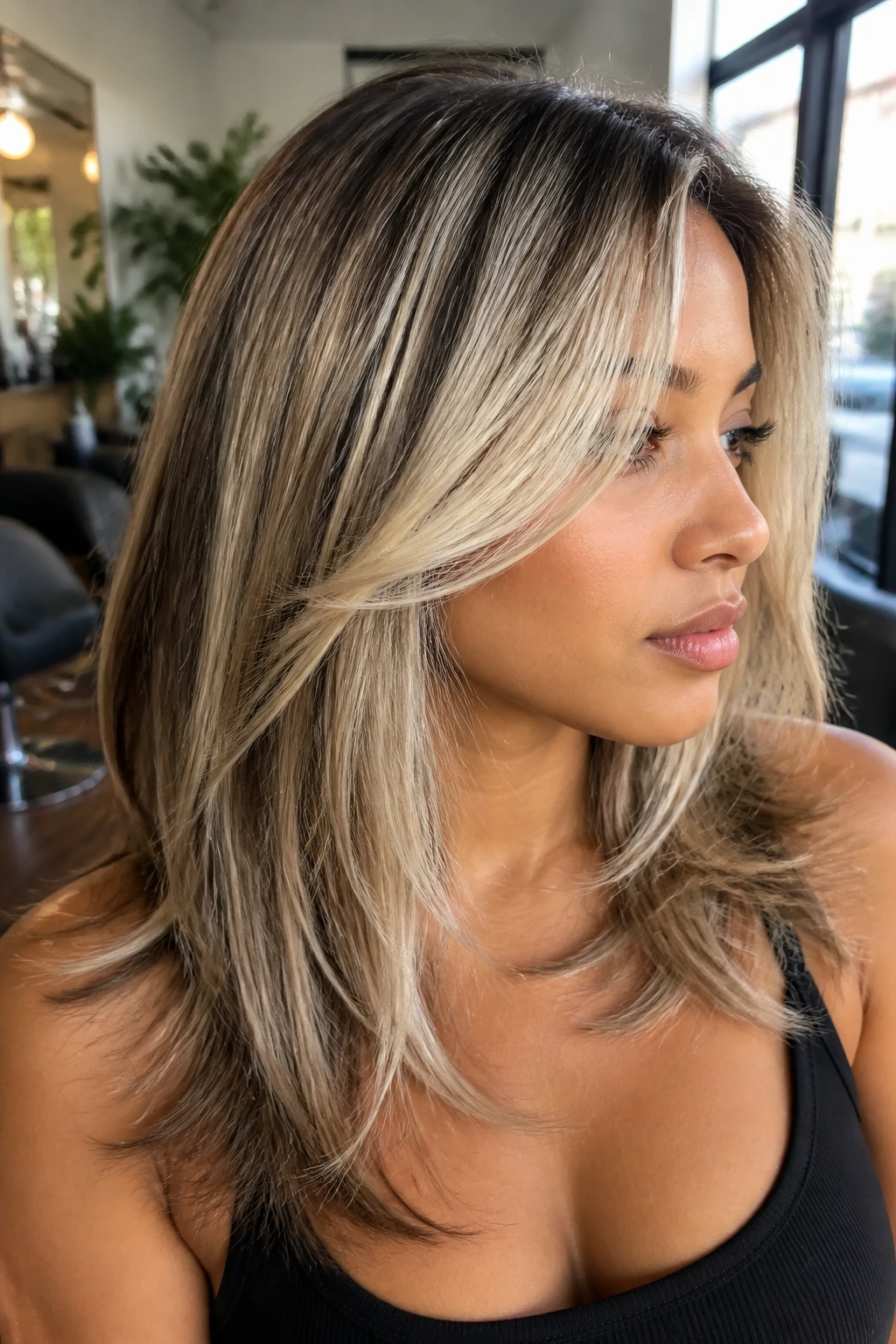 Close-up portrait of a woman with a cool vanilla crown hairstyle highlighting the top layer