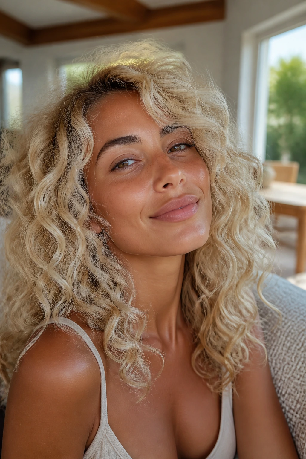Close-up of a real woman with cool vanilla curls on tan skin