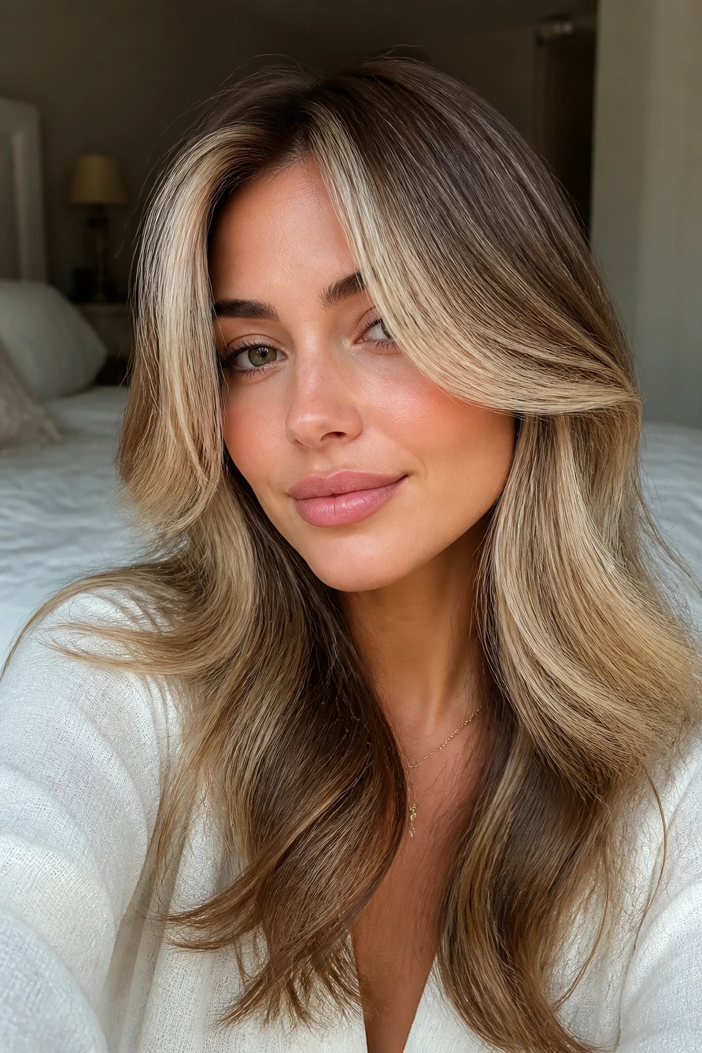 Close-up portrait featuring vanilla curtain bangs with face-framing layers on a real woman.