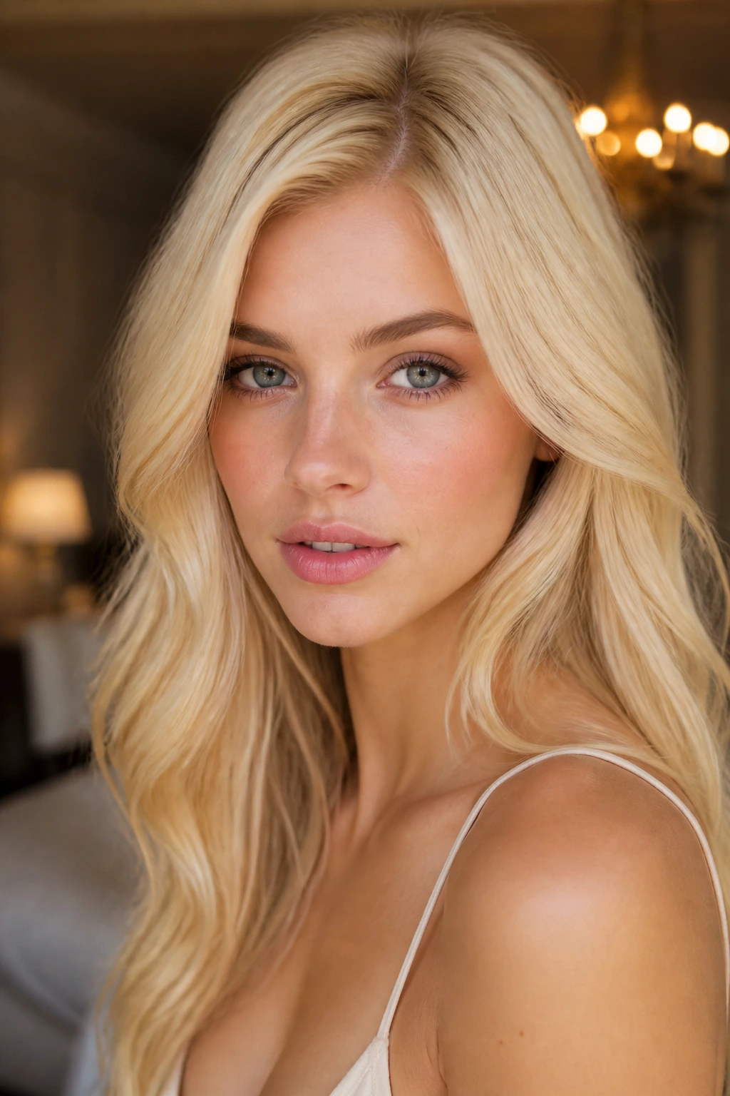 Close-up of a real woman with vanilla custard blonde hair in warm indoor light