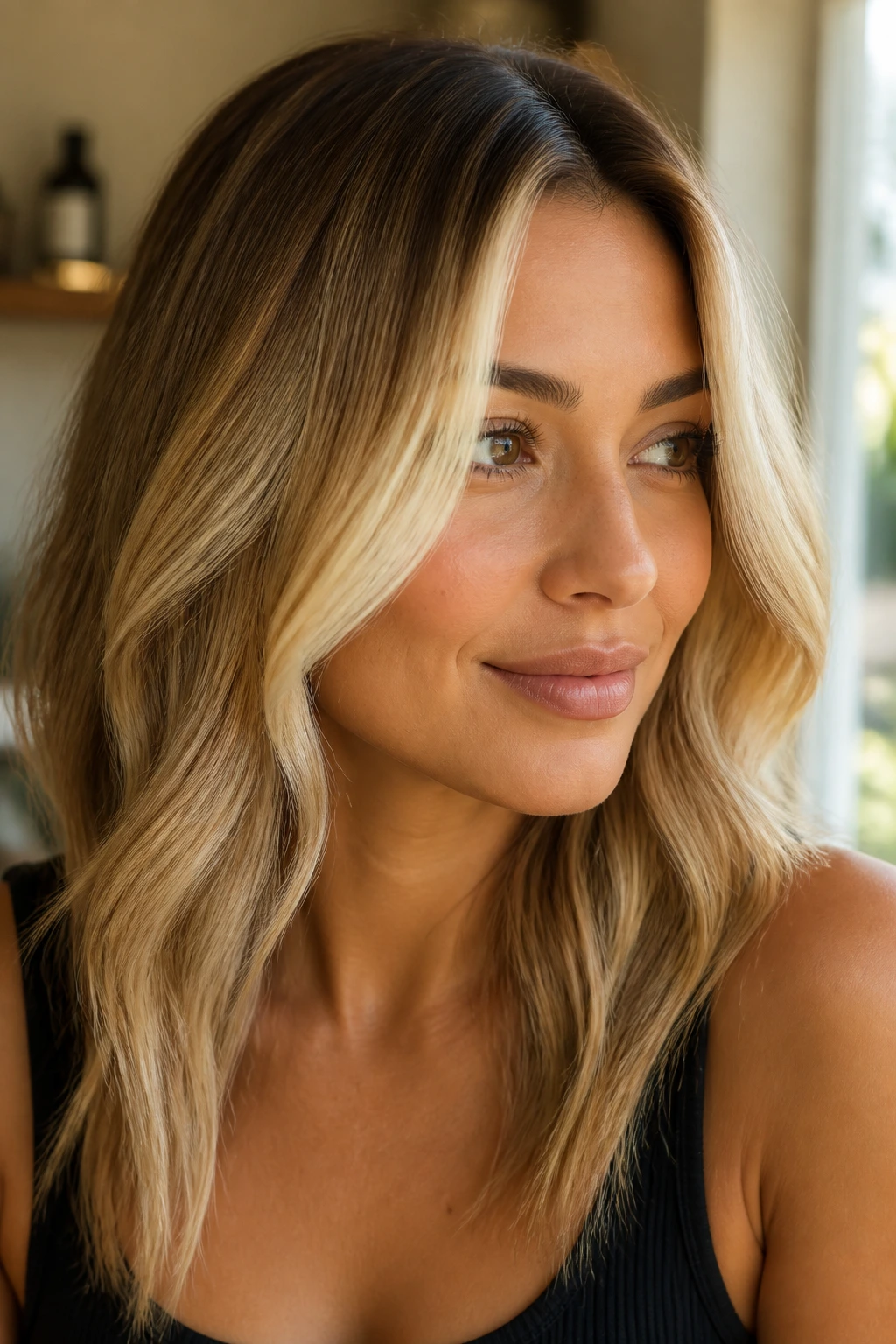 Close-up of vanilla-drizzle face frame highlighting creamy front highlights