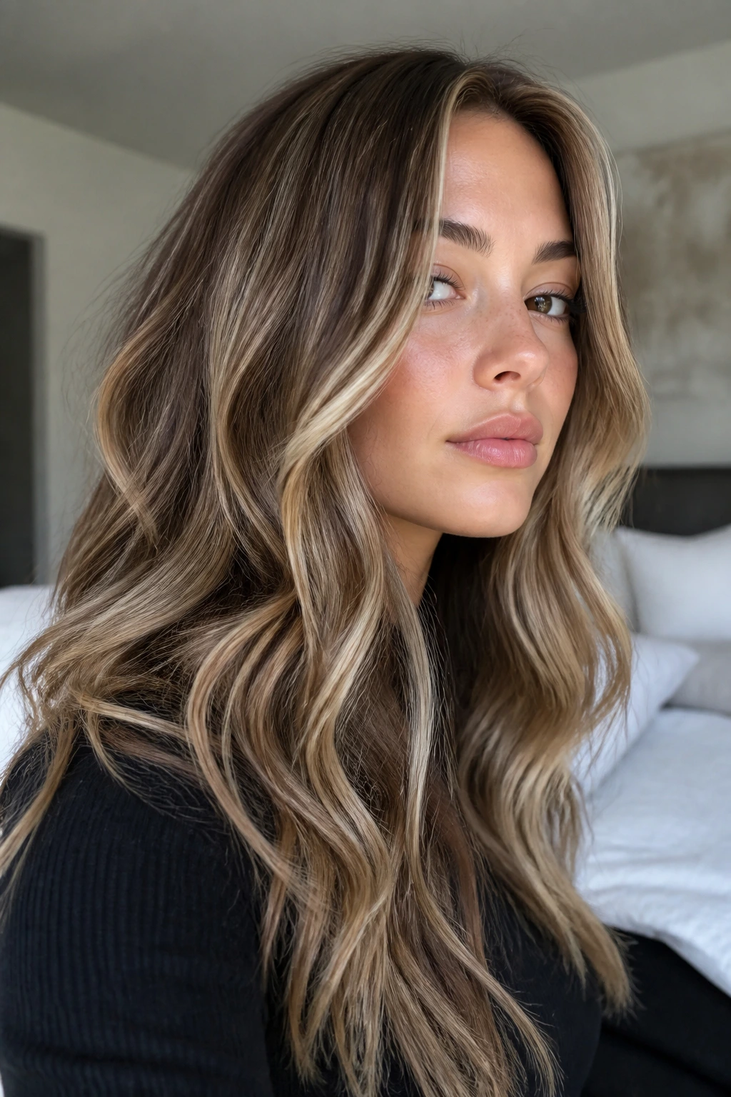Close-up of brunette hair with vanilla glaze blonde babylights across the front and crown