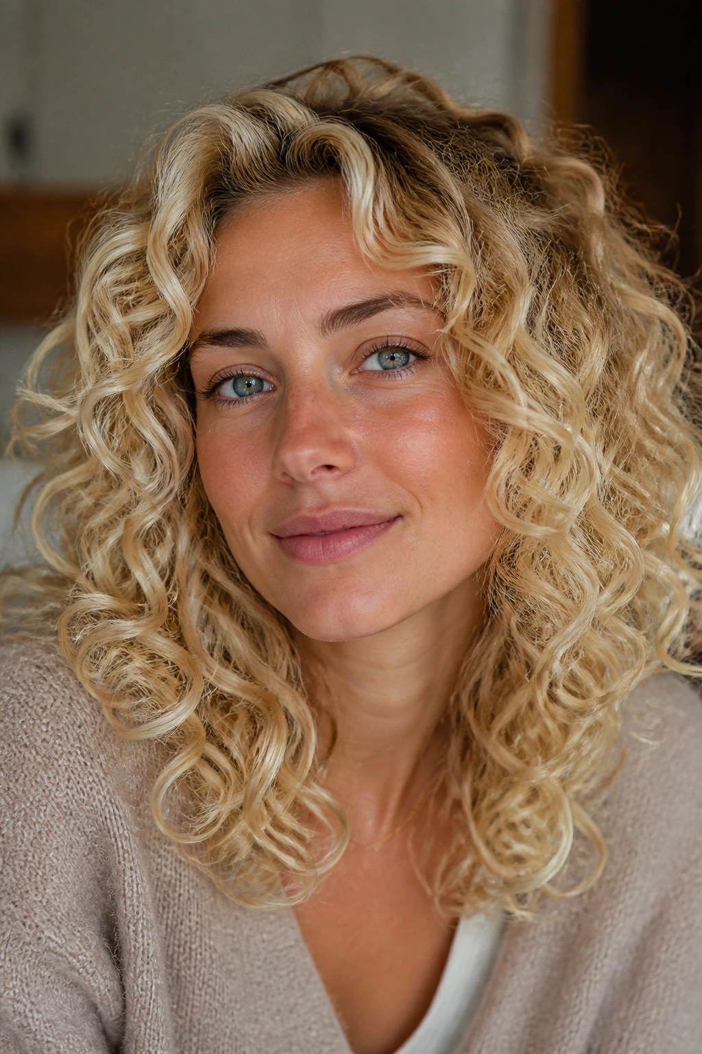 Close-up of a real woman with vanilla-glaze curls and creamy blonde tones in warm light