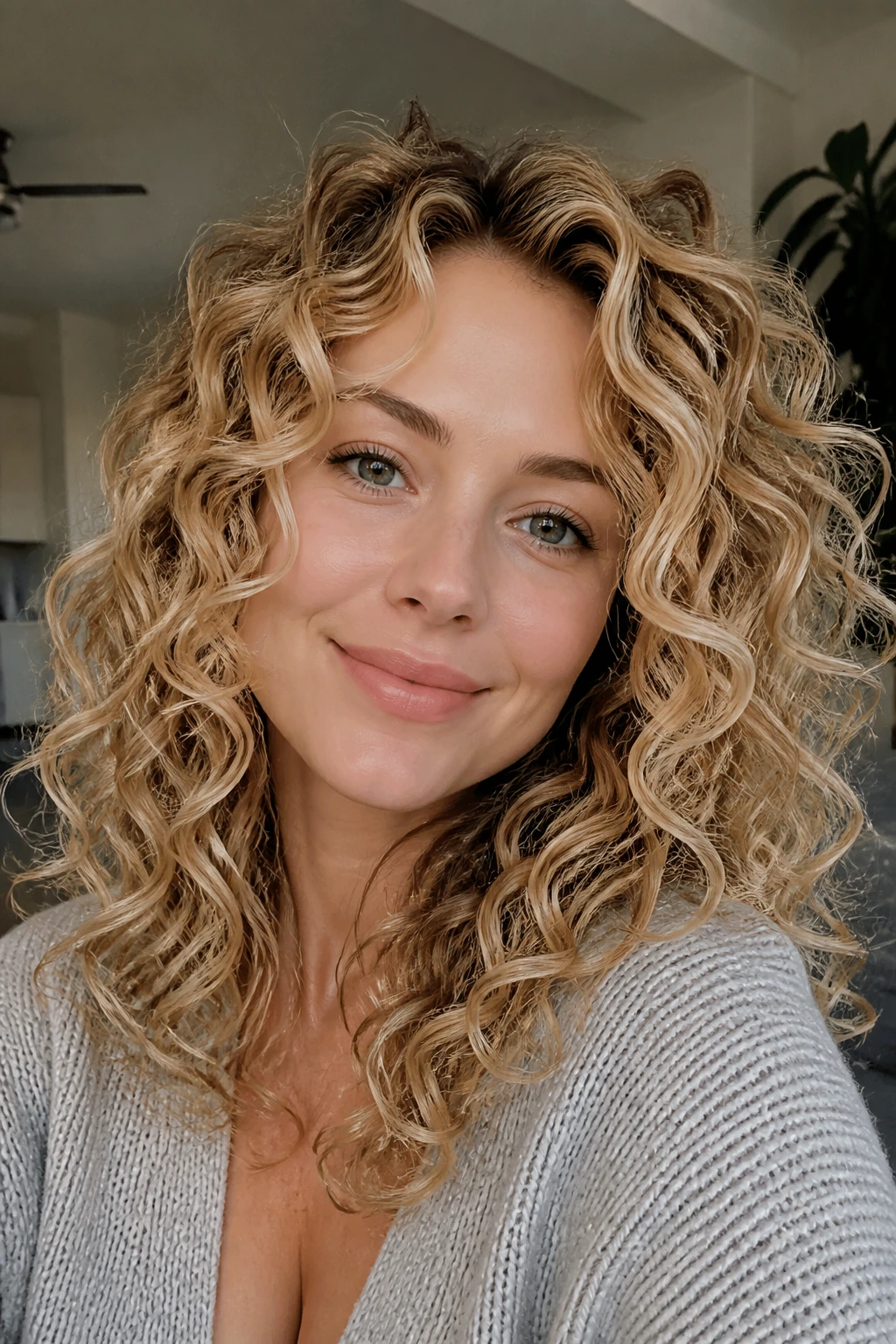Real woman with vanilla gold curls catching light on outer curls