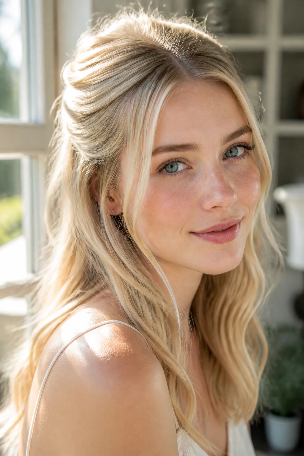 Close-up of a real woman with a sunlit vanilla half-up hairstyle.