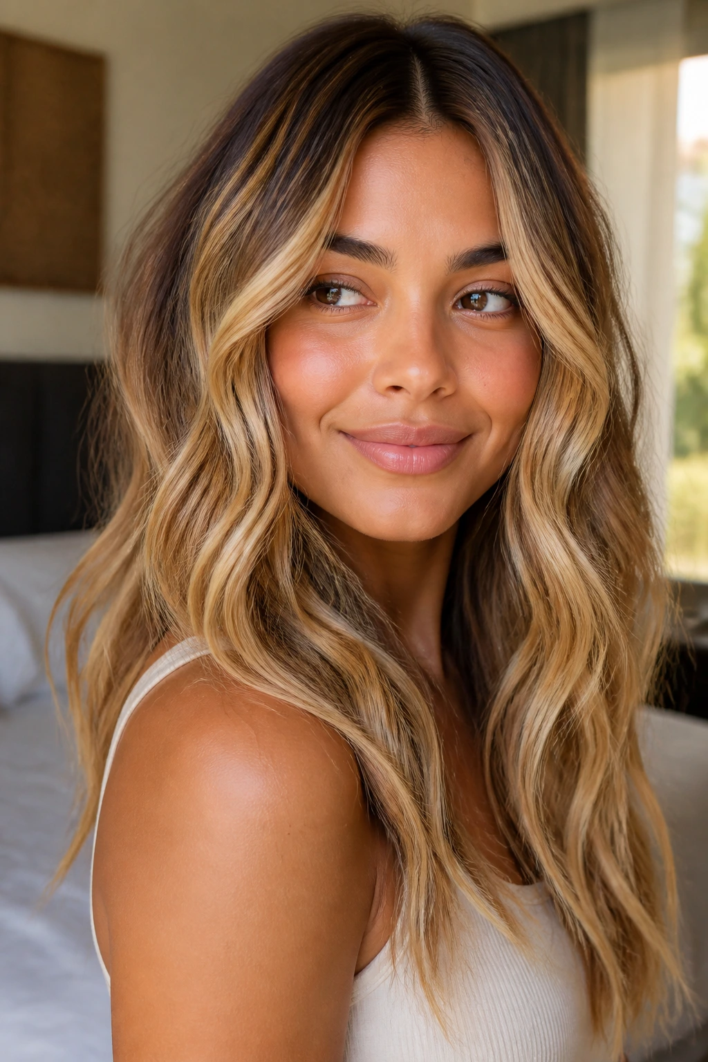 Close-up of a woman with warm vanilla highlights and beachy waves on medium skin