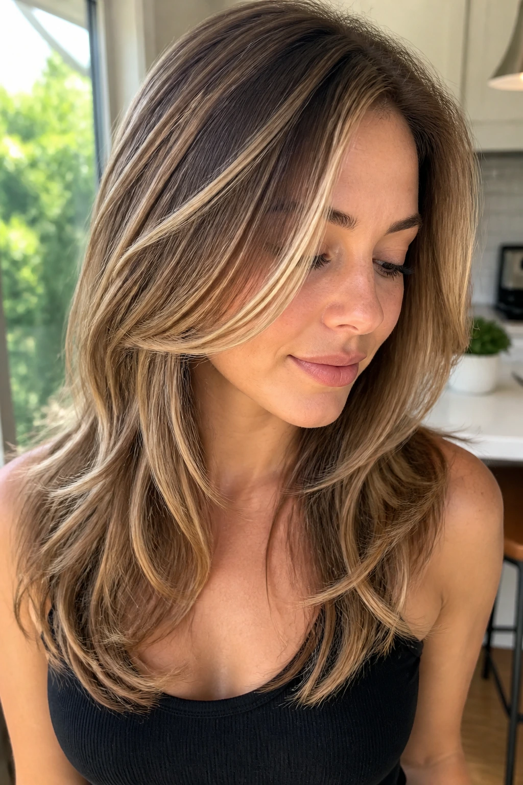 Close-up portrait of a real woman with vanilla blonde highlights on light brown layered hair
