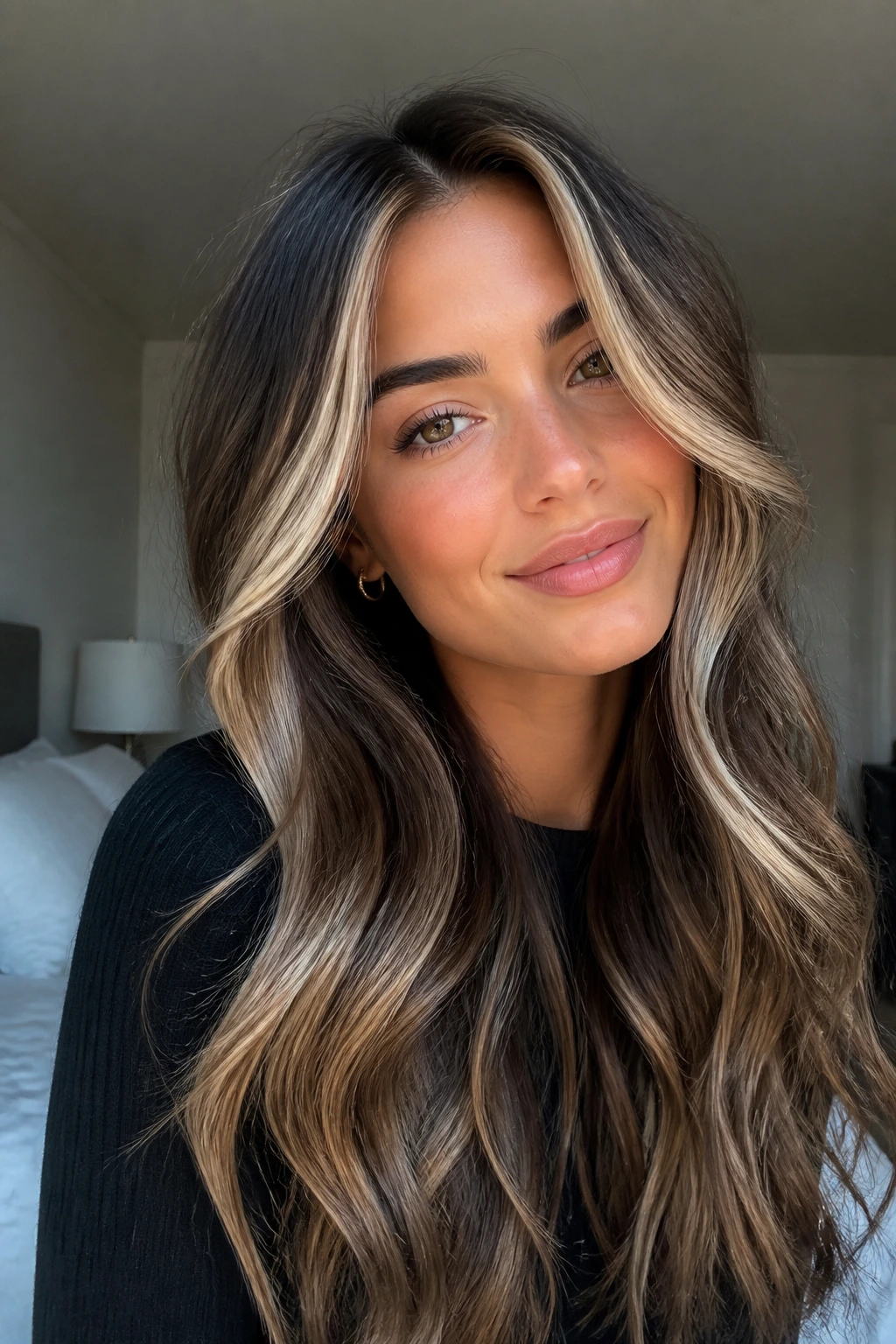 Close-up of a real woman with long waves and face-framing vanilla highlights.