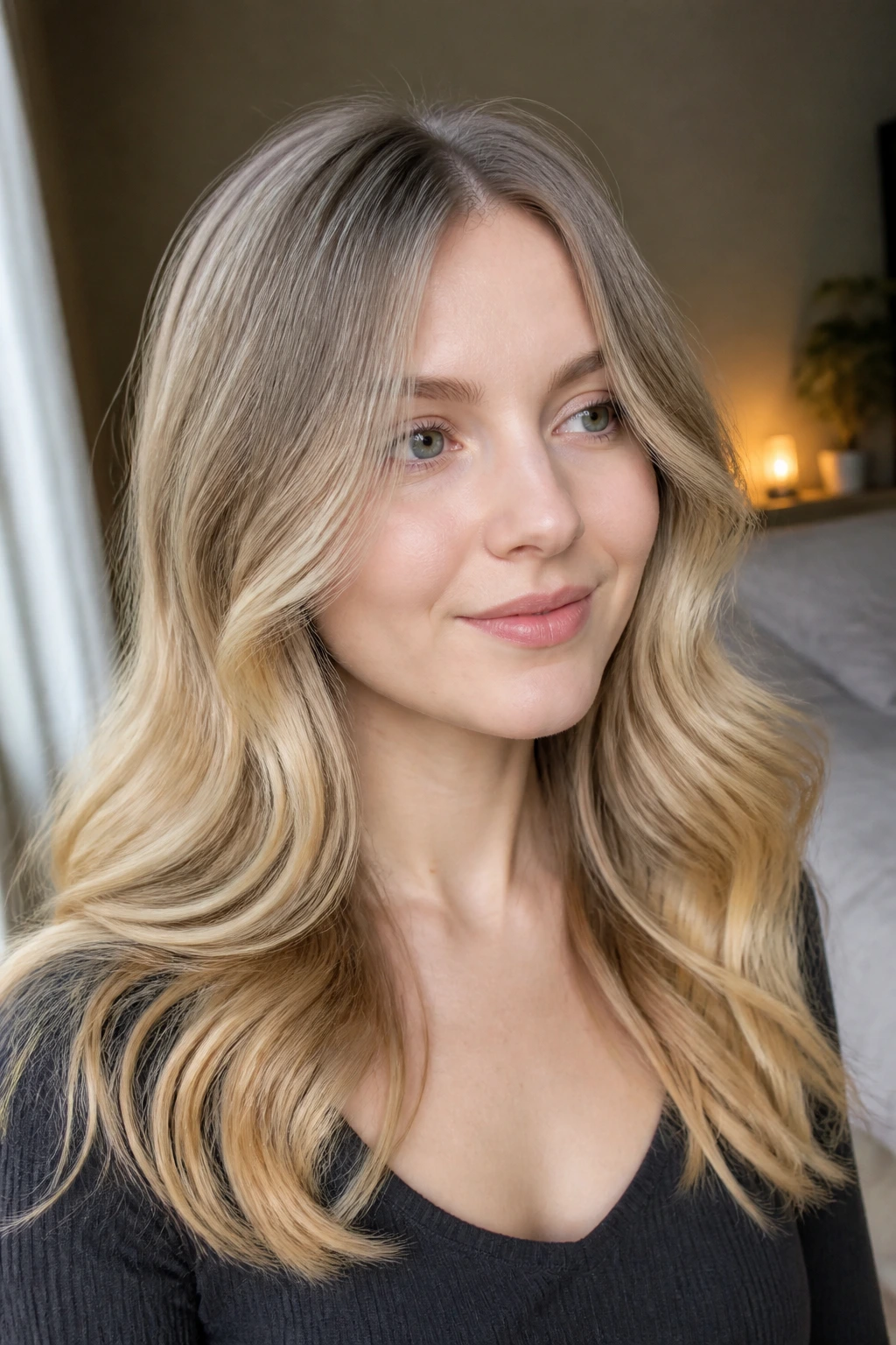 Close-up portrait of a real woman with pale skin and a heart-shaped face, showing vanilla-to-honey melt hair.