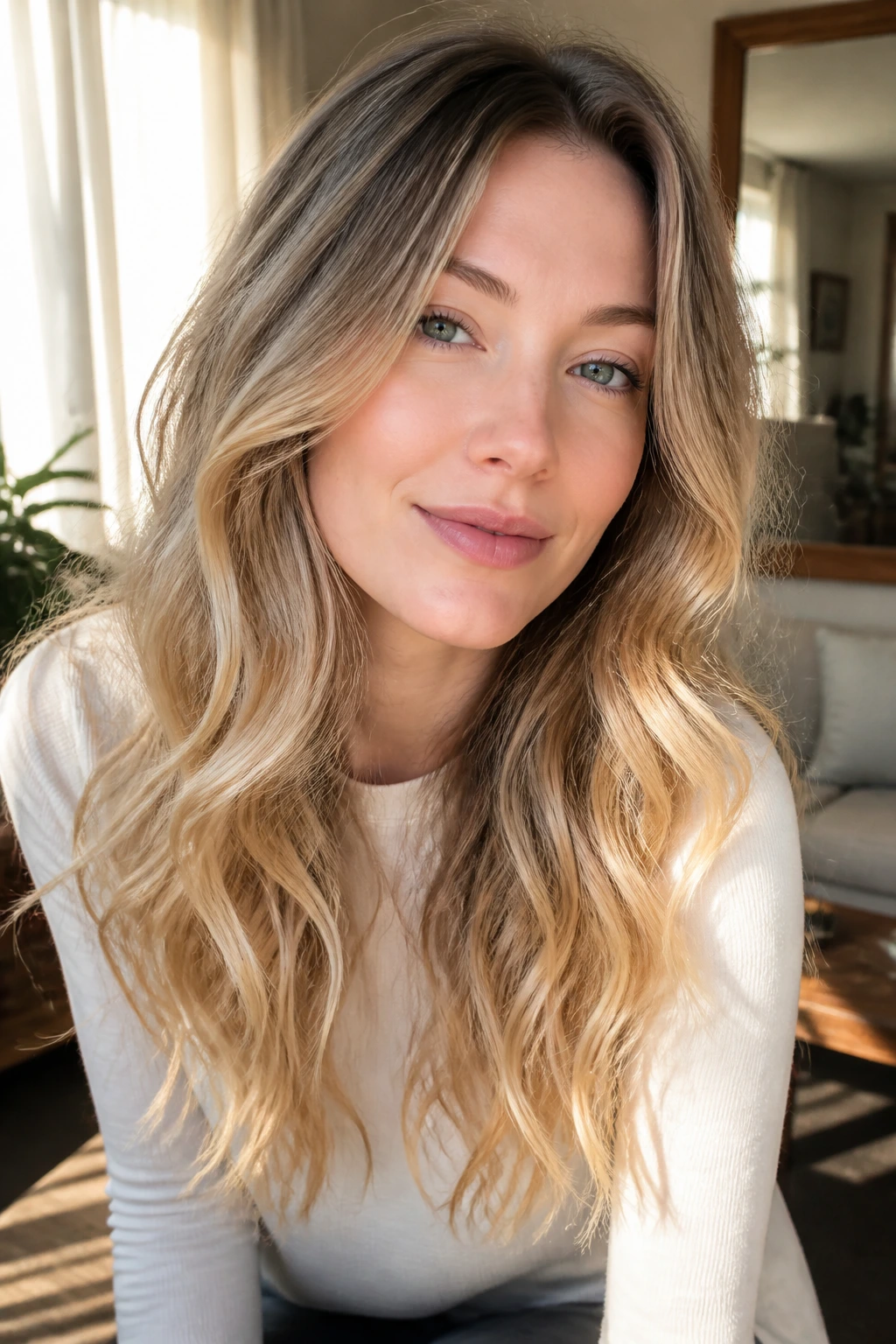 Close-up portrait of a real woman with vanilla honey ends on pale skin, soft gradient from roots to ends.