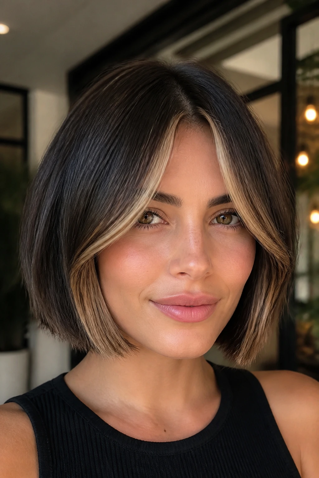 Portrait of a person with dark bob and vanilla honey money pieces framing the face