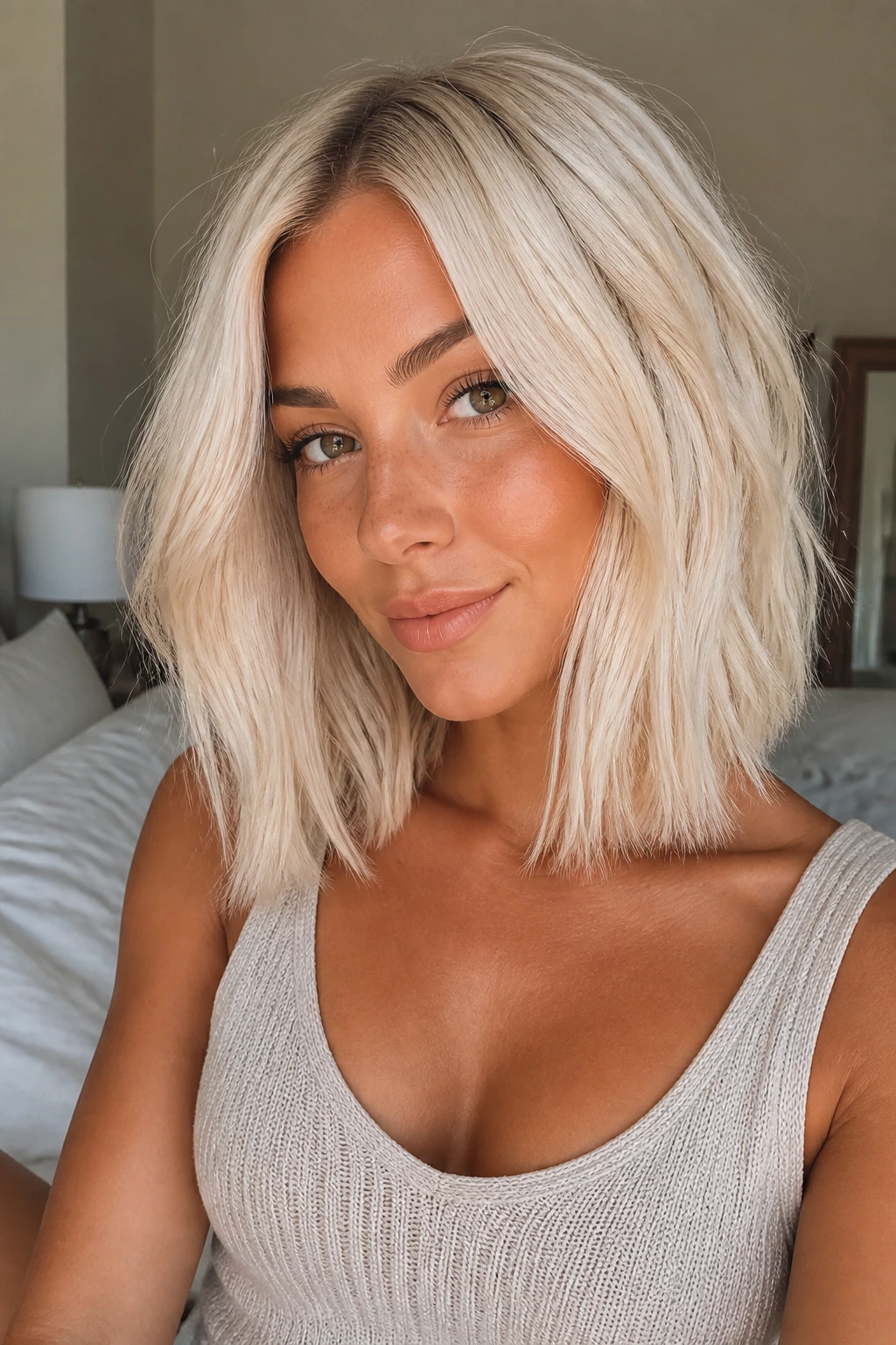 Close-up portrait of a real person with Vanilla Ice Lob hairstyle on tan skin