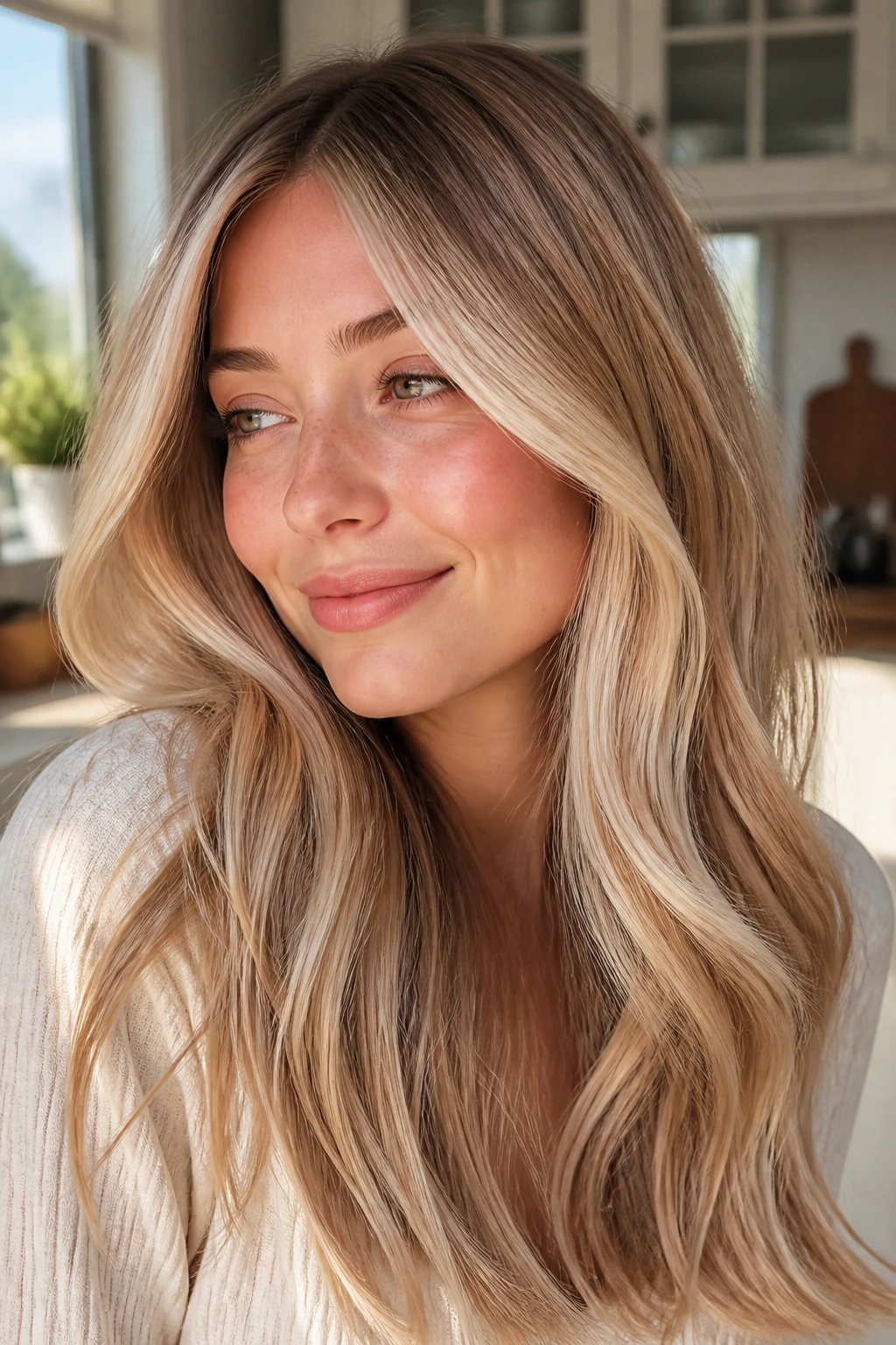 Close-up of a real woman with vanilla latte blonde hair and root melt.