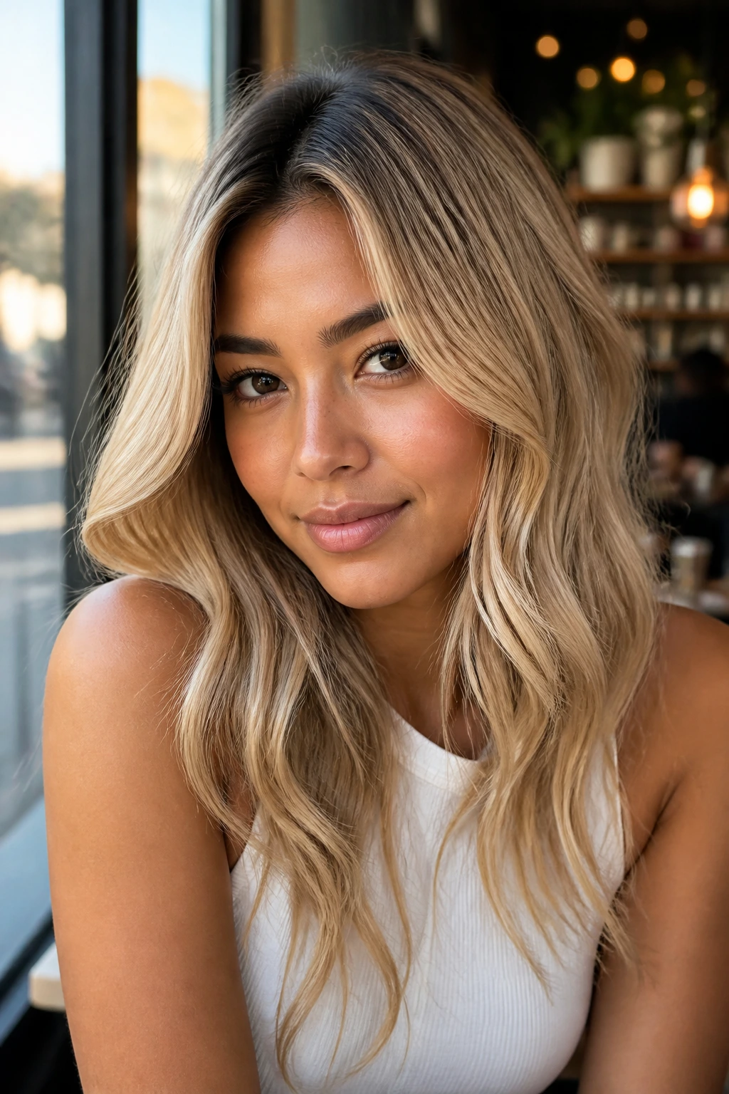 Close-up portrait of a woman with vanilla latte blonde hair and tan skin in a sunlit cafe