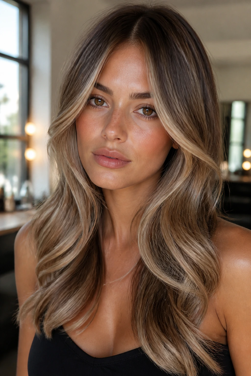 Portrait of brunette with vanilla latte bronde and sculpted layers framing the face